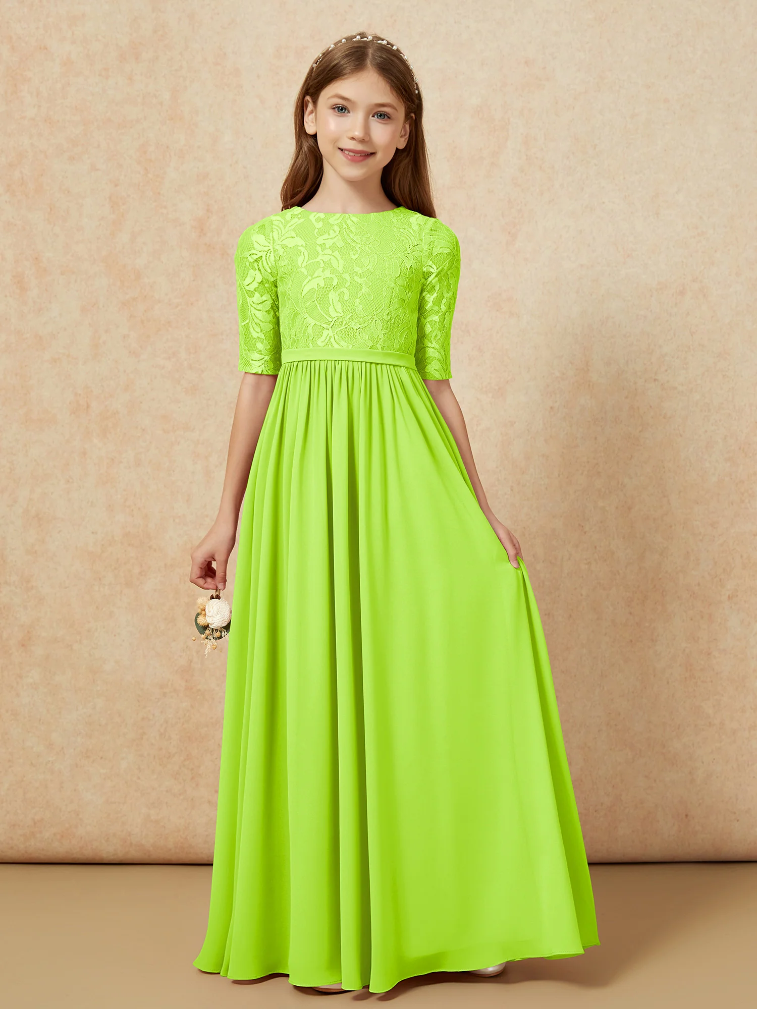 Half Sleeve Lace Top Chiffon Junior Bridesmaid Dresses Lime Green