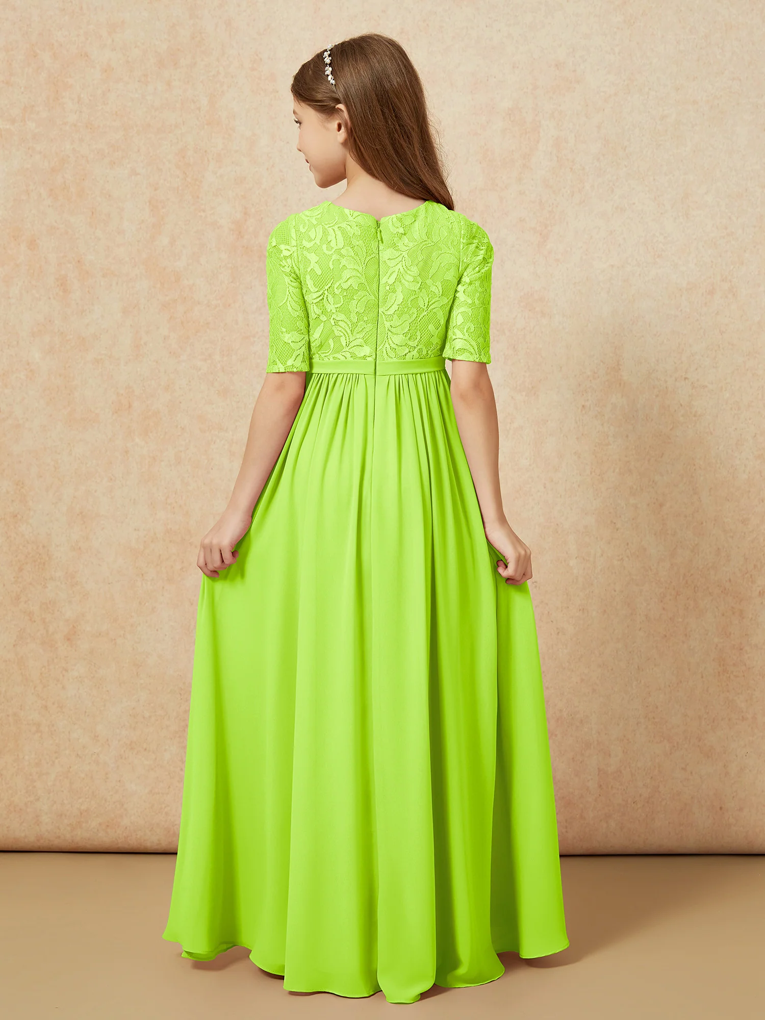 Half Sleeve Lace Top Chiffon Junior Bridesmaid Dresses Lime Green - Image 2