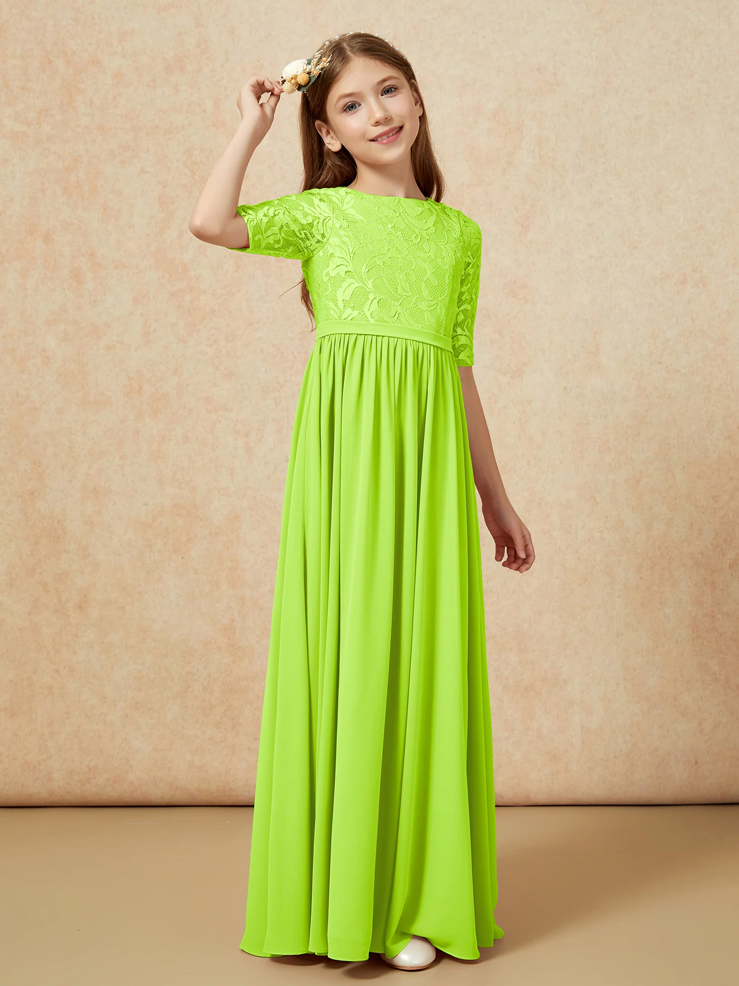 Half Sleeve Lace Top Chiffon Junior Bridesmaid Dresses Lime Green - Image 3