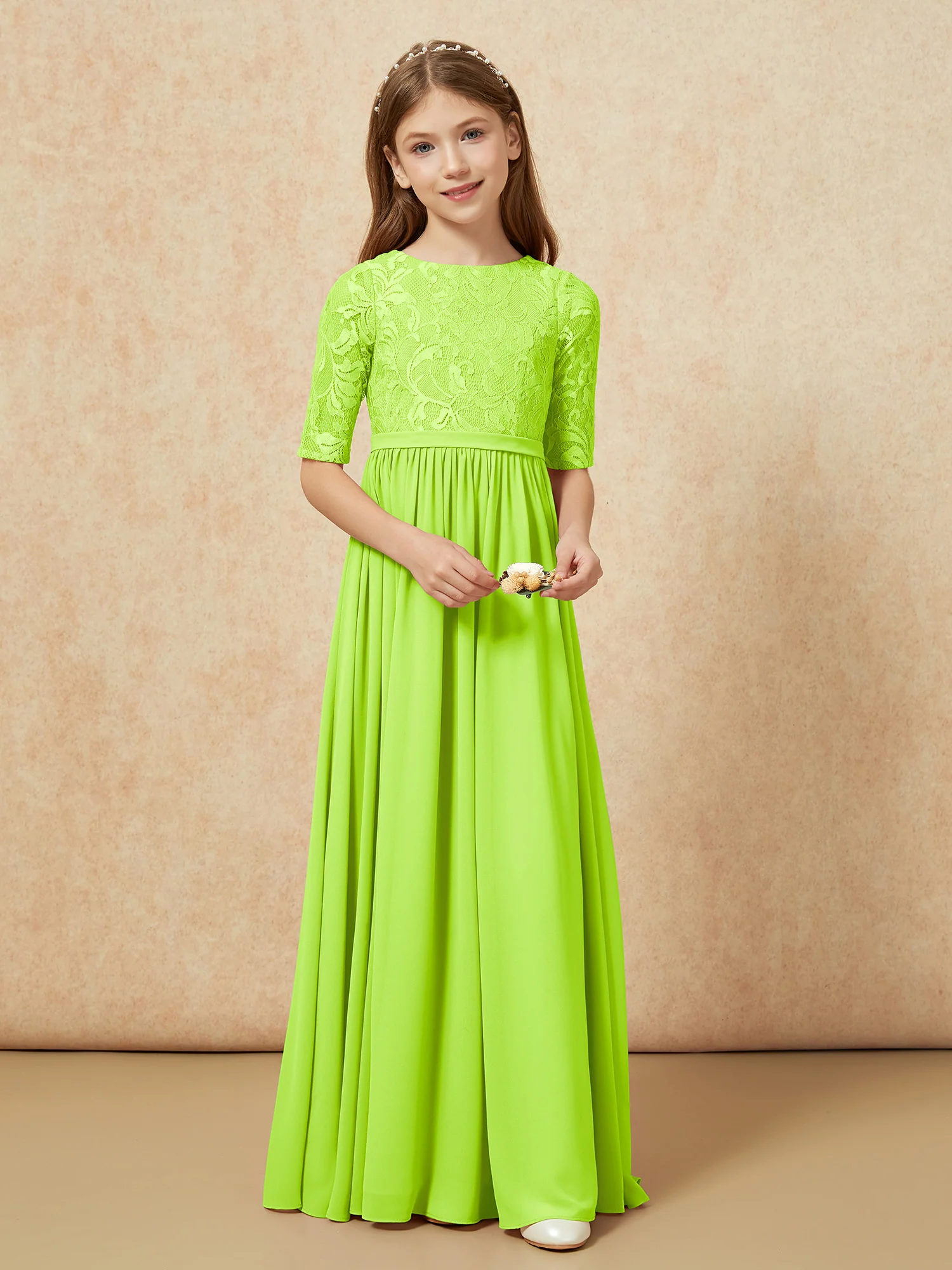 Half Sleeve Lace Top Chiffon Junior Bridesmaid Dresses Lime Green - Image 4