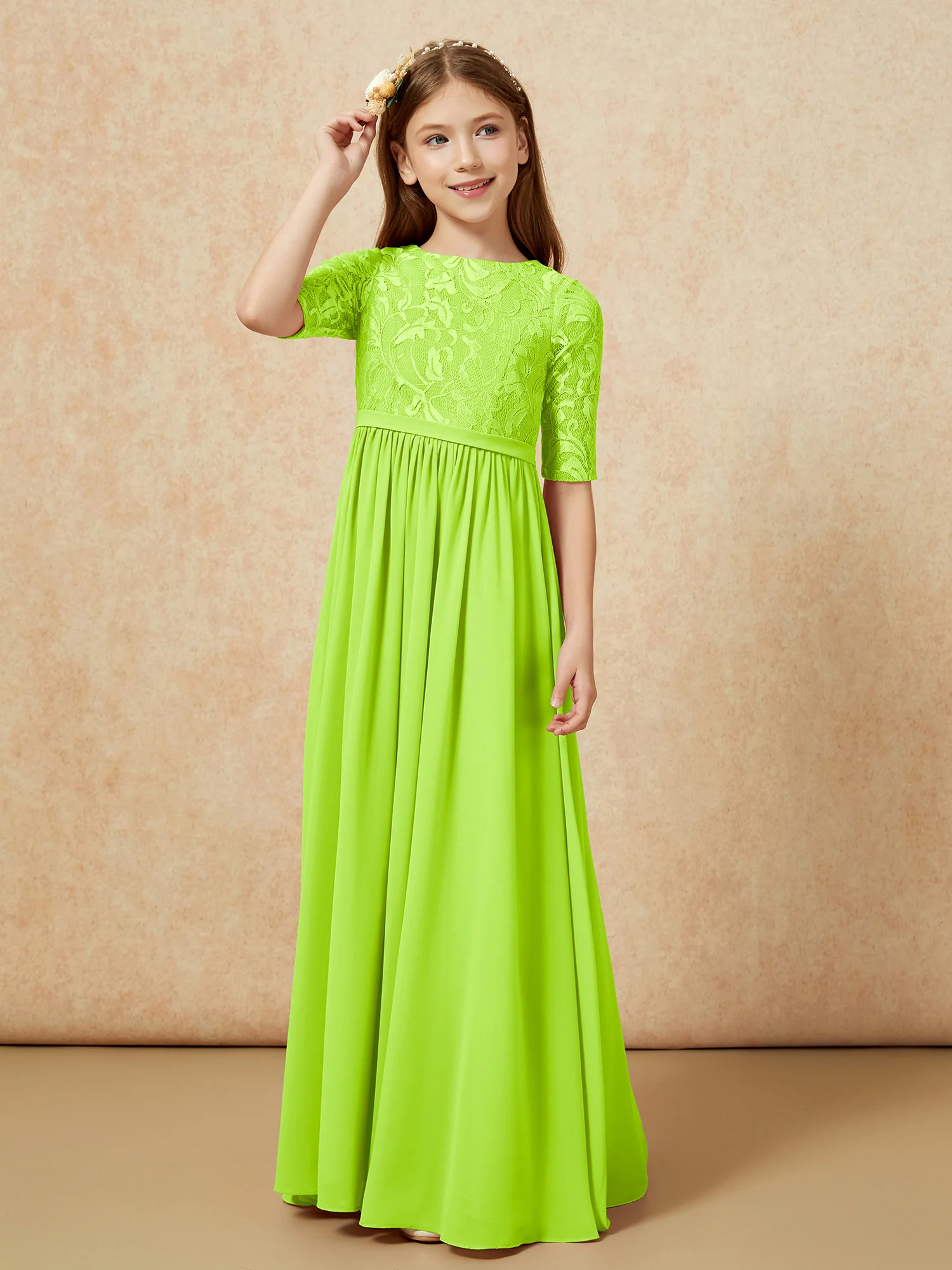 Half Sleeve Lace Top Chiffon Junior Bridesmaid Dresses Lime Green - Image 5