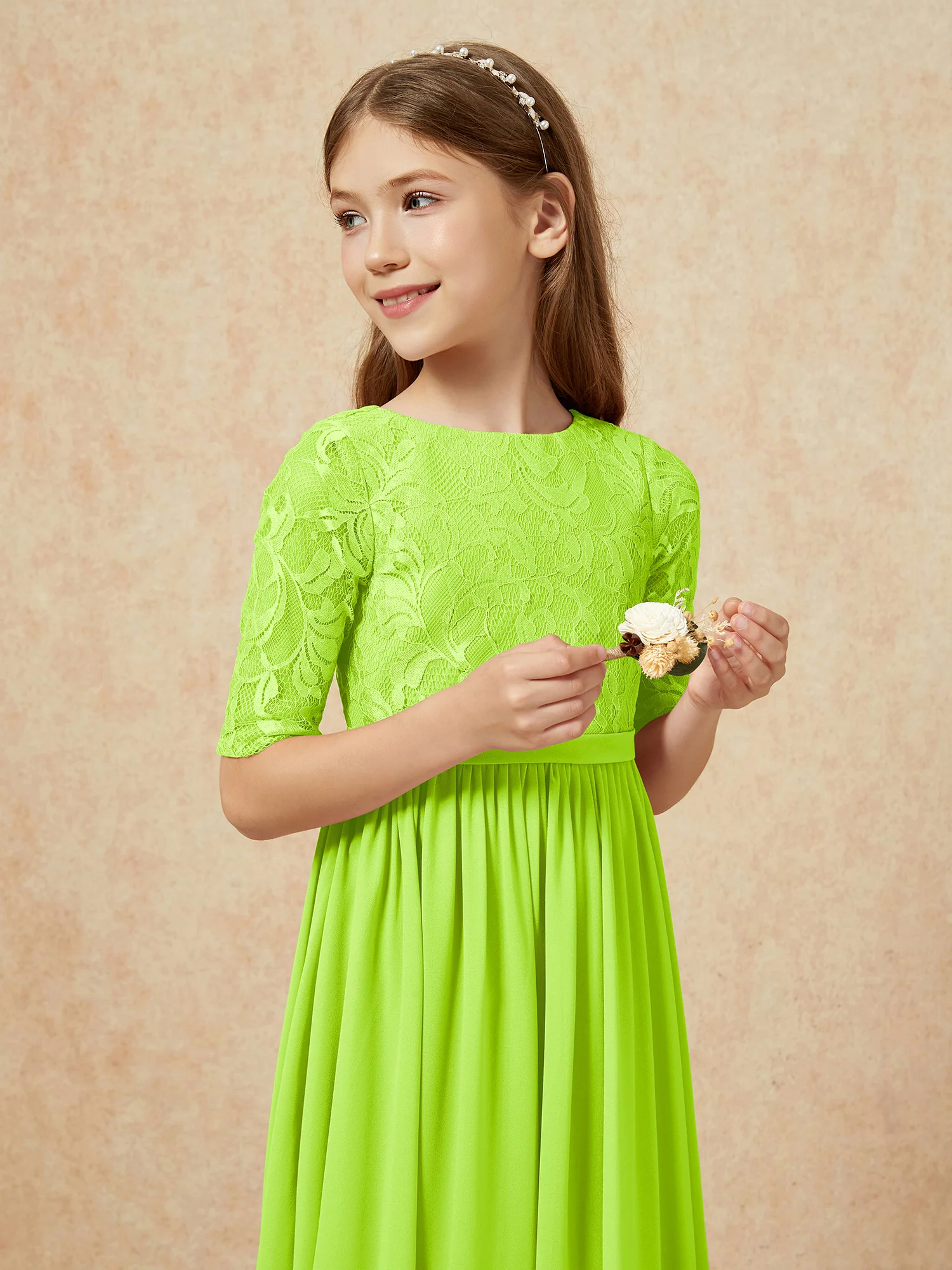 Half Sleeve Lace Top Chiffon Junior Bridesmaid Dresses Lime Green - Image 6