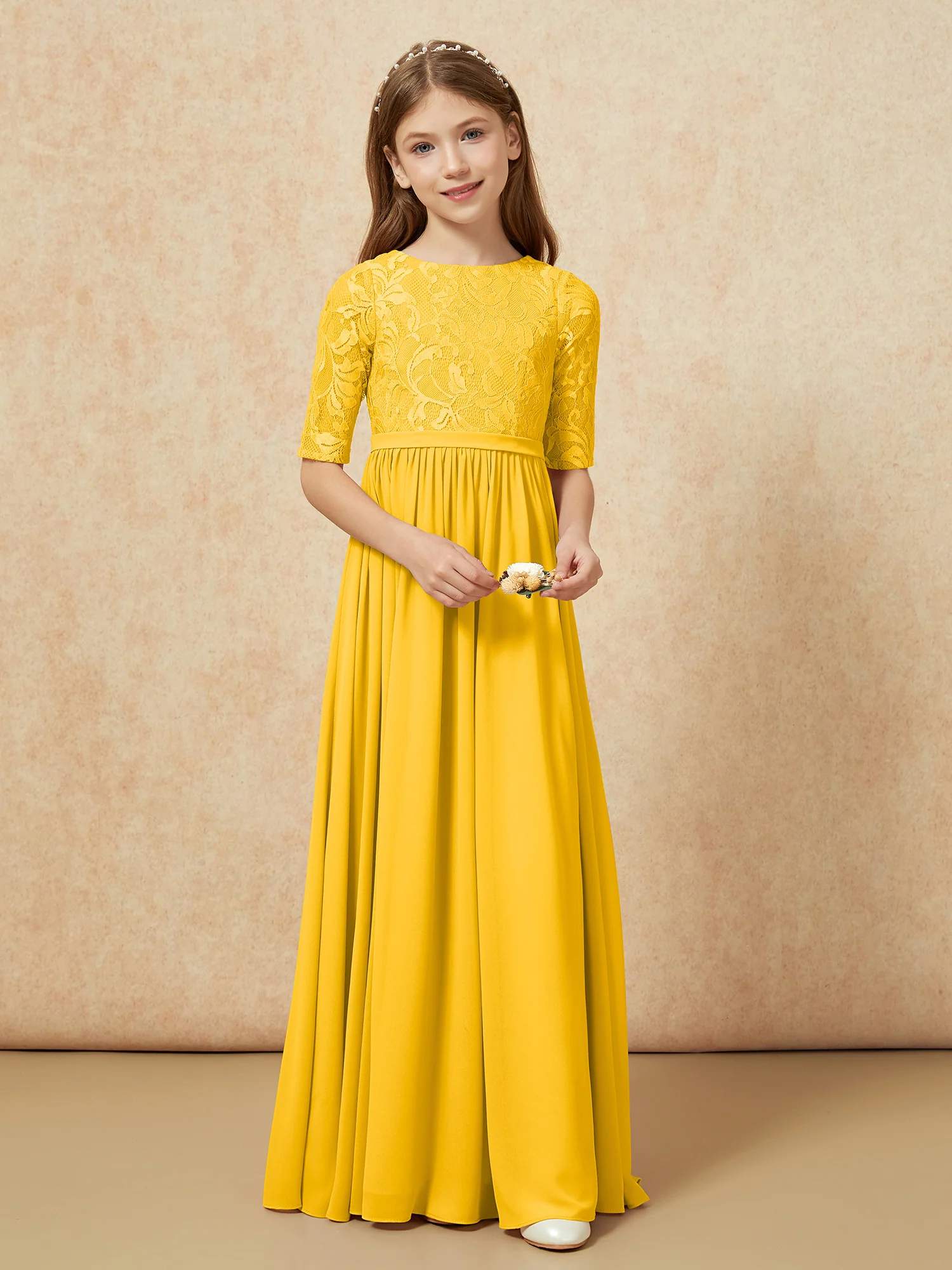 Half Sleeve Lace Top Chiffon Junior Bridesmaid Dresses Marigold - Image 4