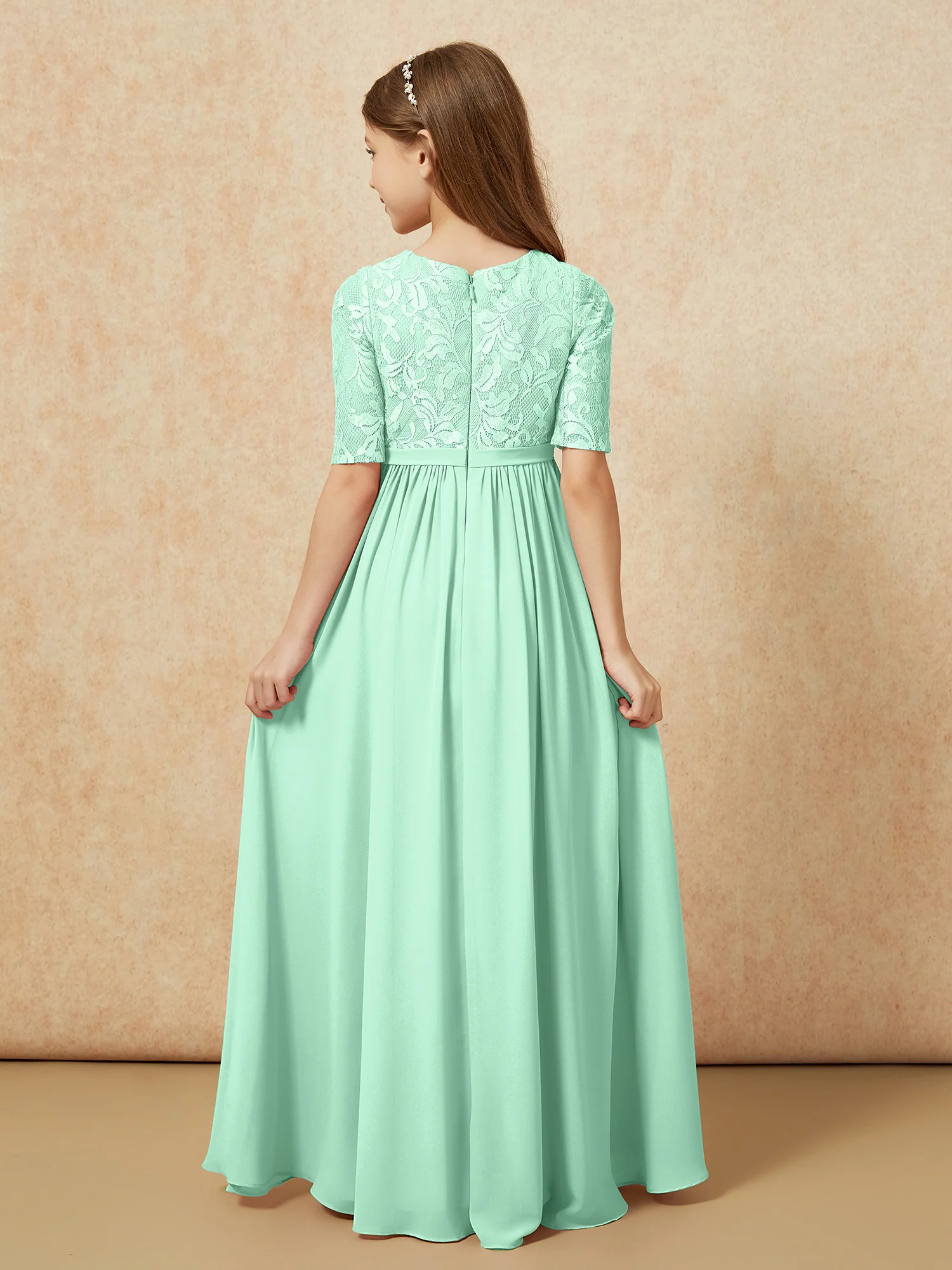 Half Sleeve Lace Top Chiffon Junior Bridesmaid Dresses Mint Green - Image 2