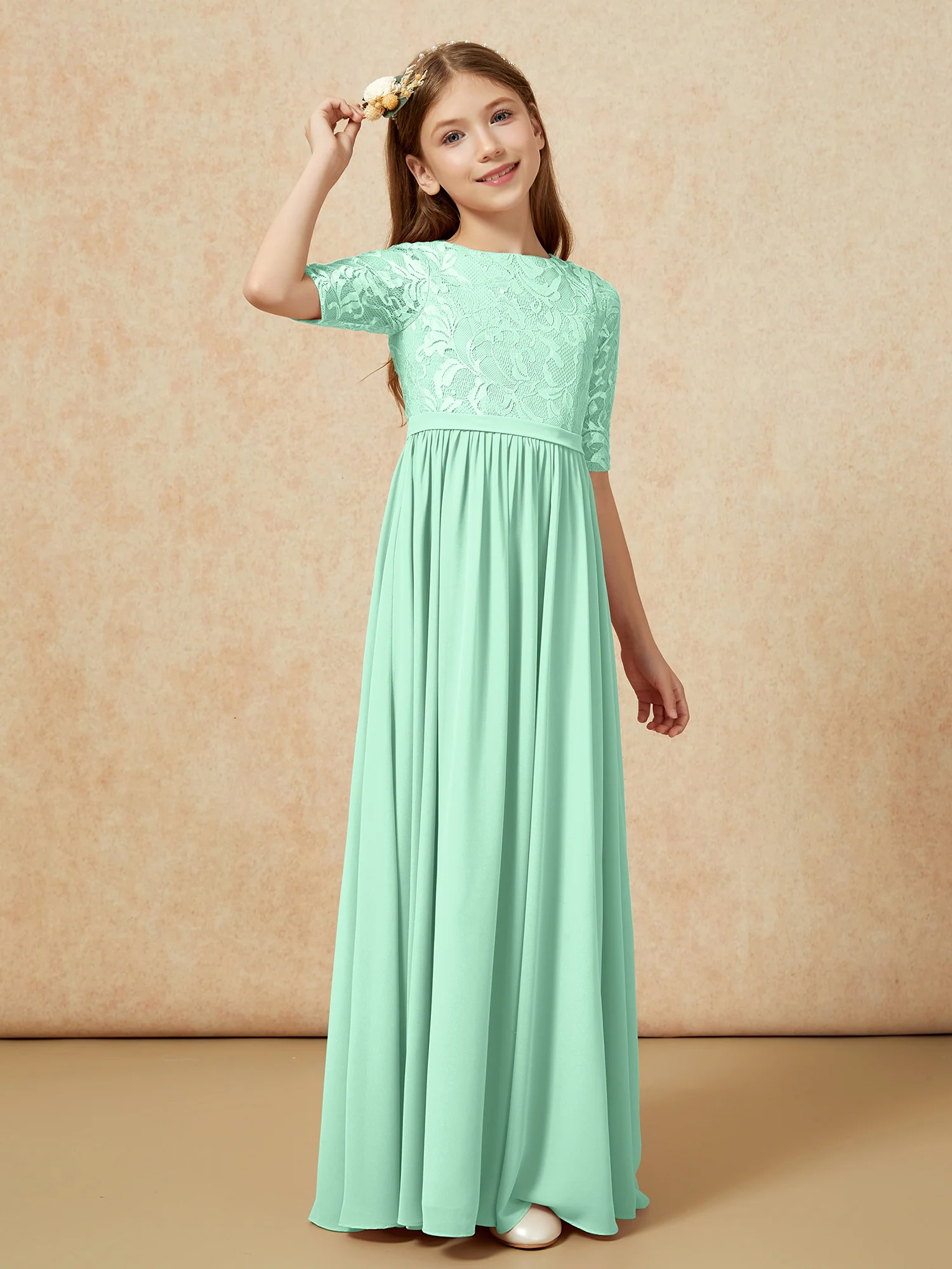 Half Sleeve Lace Top Chiffon Junior Bridesmaid Dresses Mint Green - Image 3