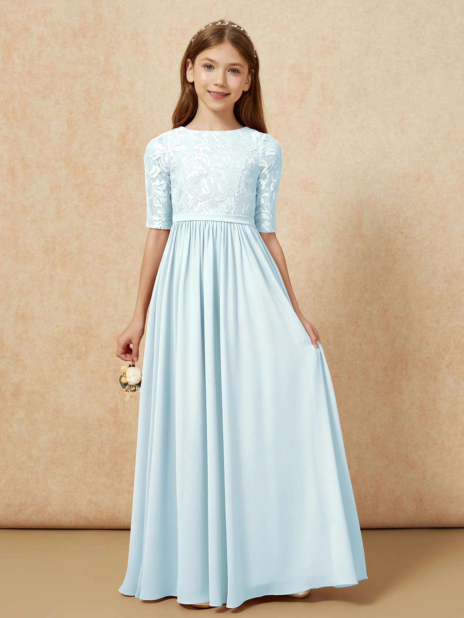 Half Sleeve Lace Top Chiffon Junior Bridesmaid Dresses Mist
