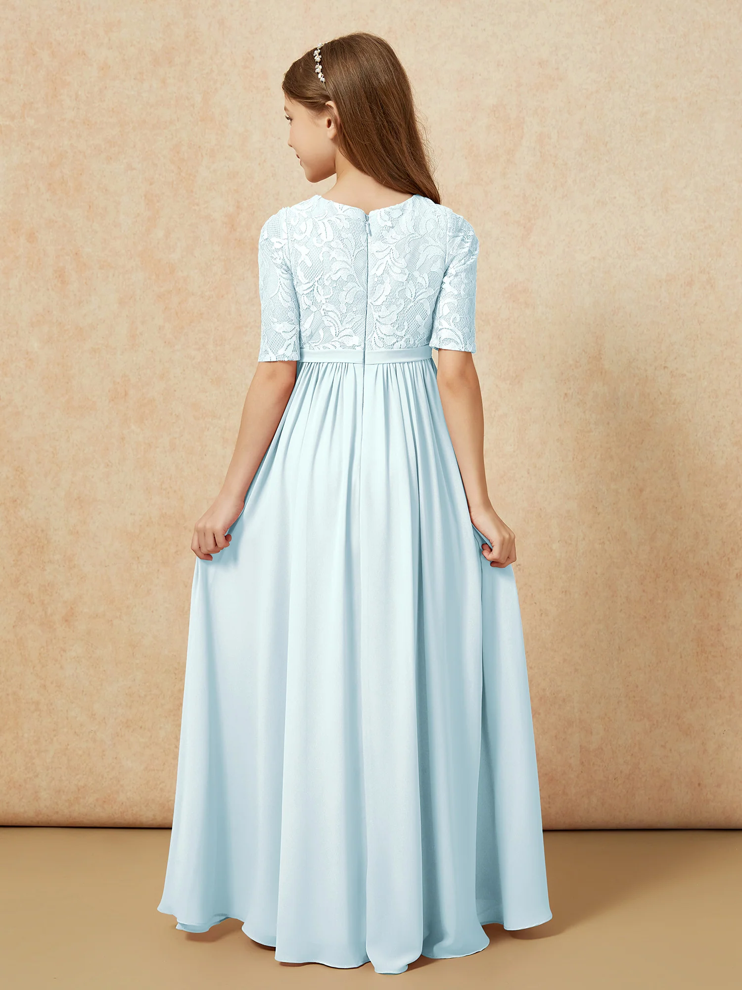 Half Sleeve Lace Top Chiffon Junior Bridesmaid Dresses Mist - Image 2