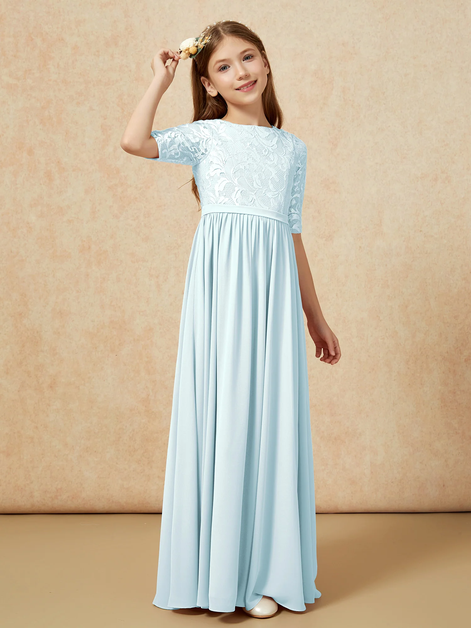 Half Sleeve Lace Top Chiffon Junior Bridesmaid Dresses Mist - Image 3