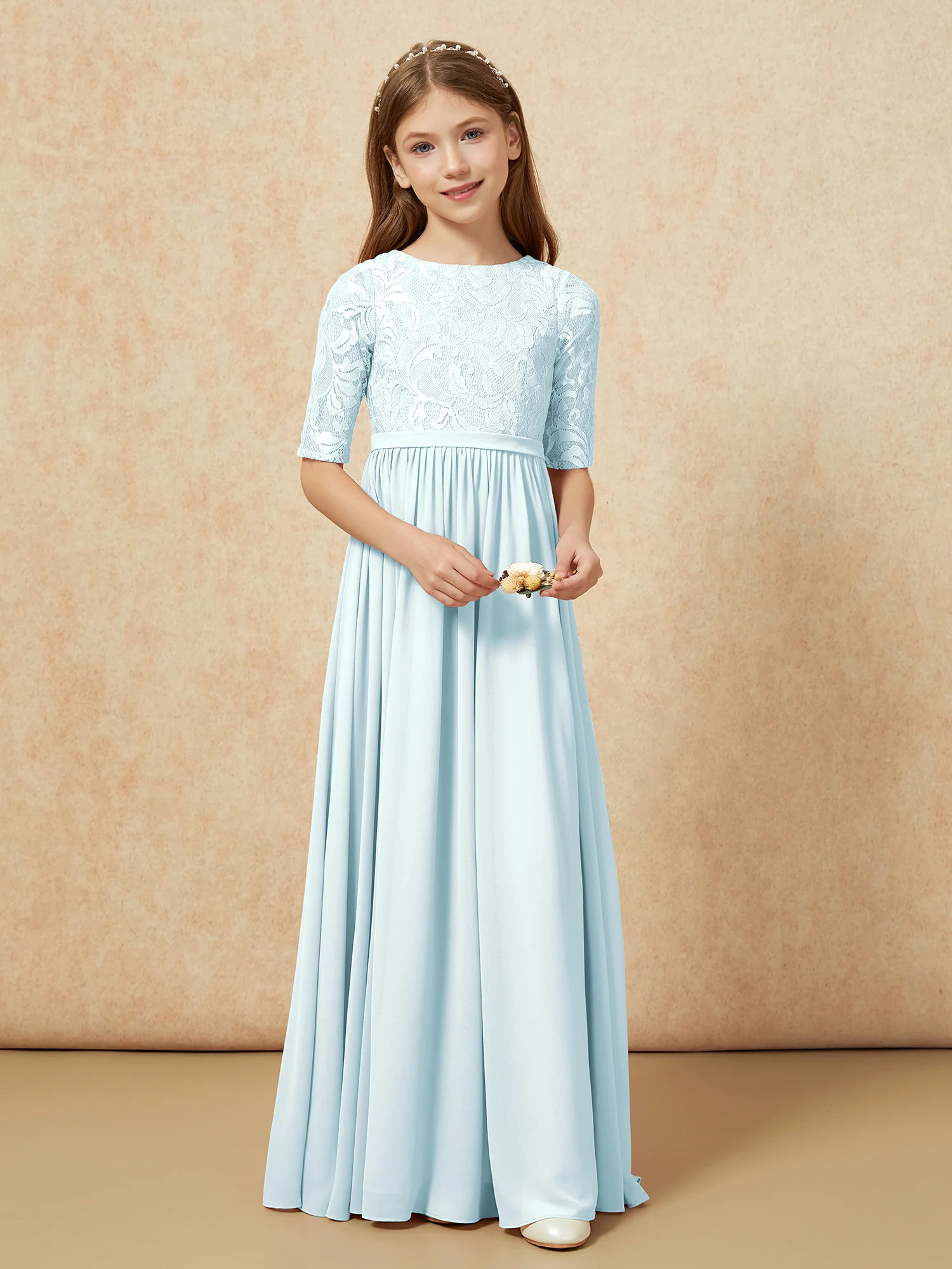Half Sleeve Lace Top Chiffon Junior Bridesmaid Dresses Mist - Image 4