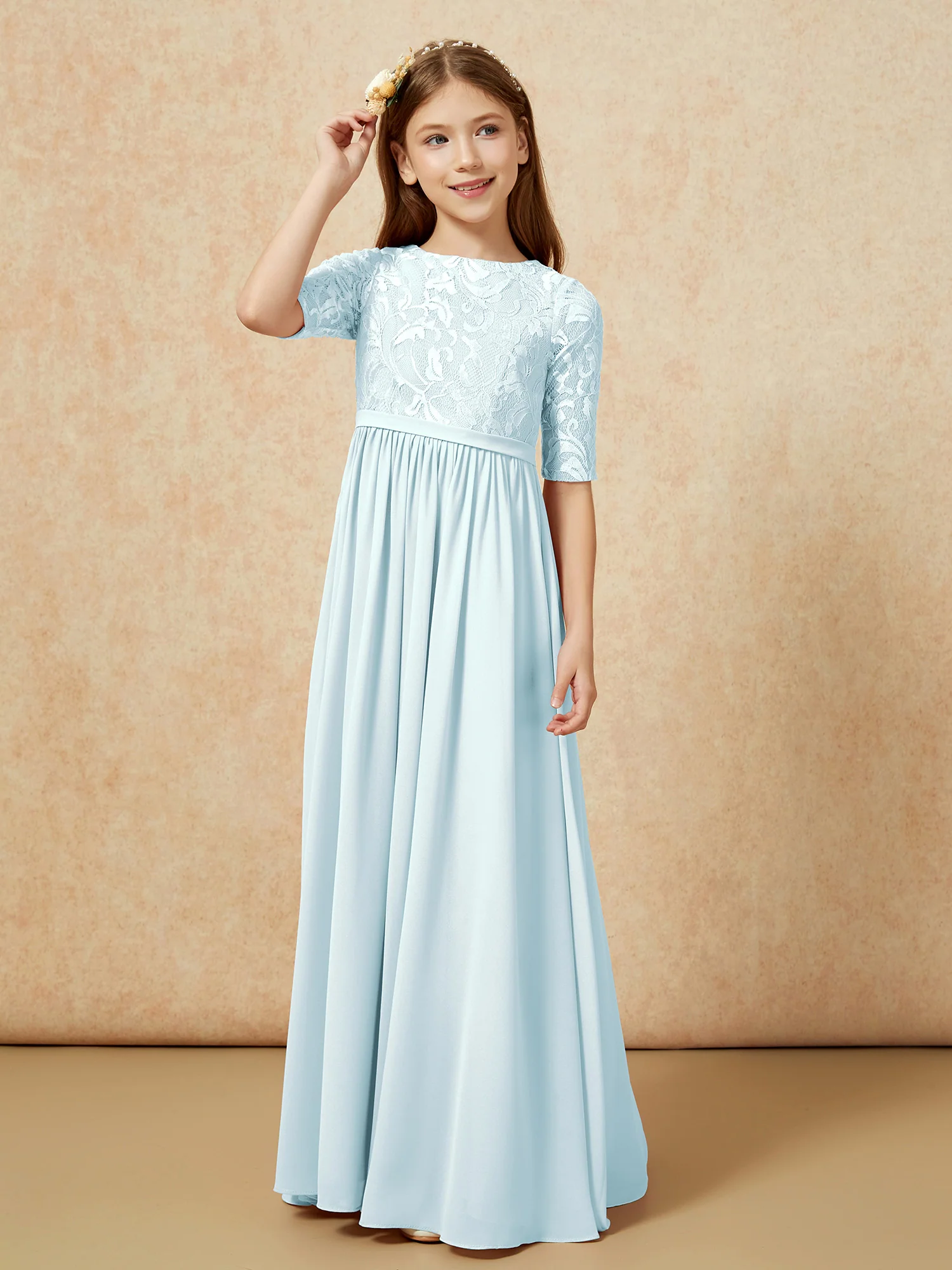 Half Sleeve Lace Top Chiffon Junior Bridesmaid Dresses Mist - Image 5