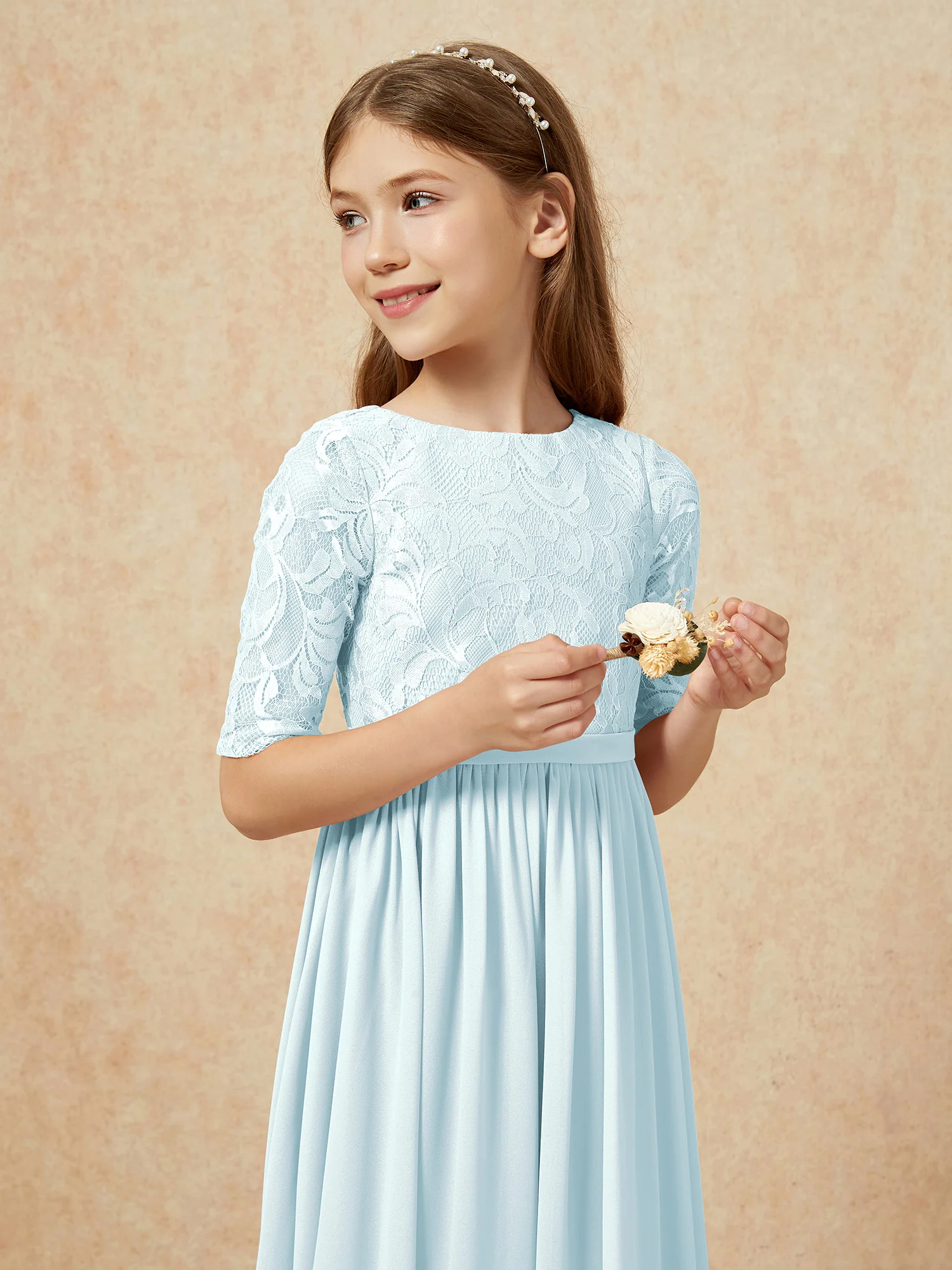 Half Sleeve Lace Top Chiffon Junior Bridesmaid Dresses Mist - Image 6