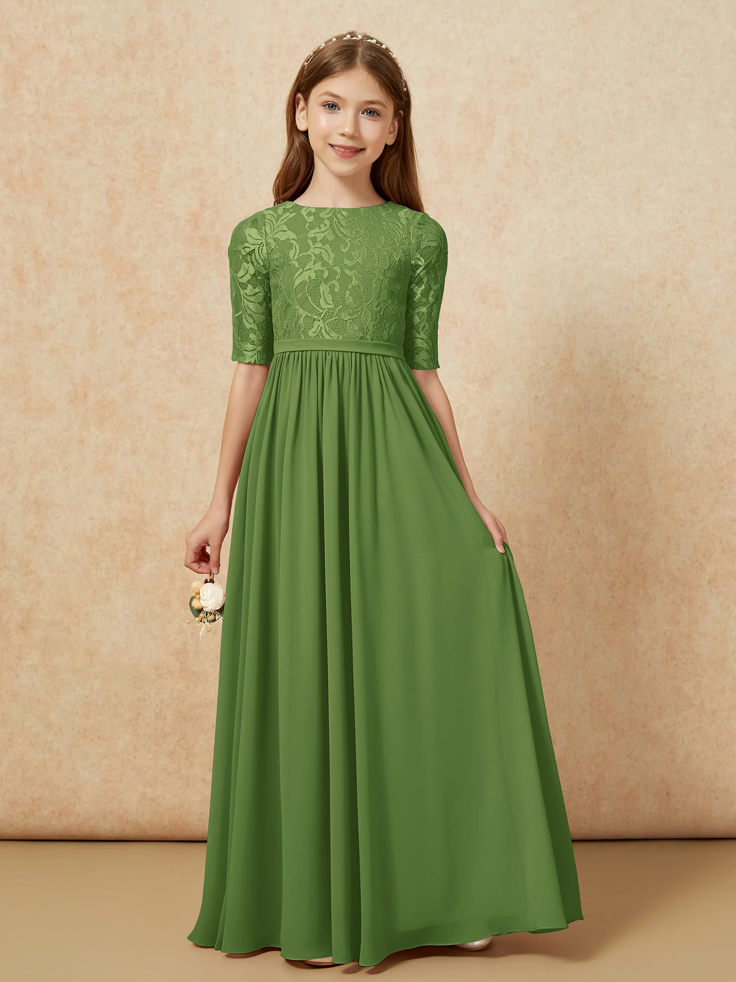 Half Sleeve Lace Top Chiffon Junior Bridesmaid Dresses Moss