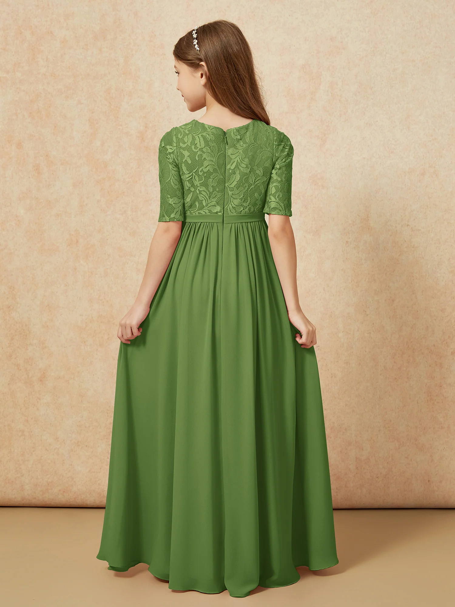 Half Sleeve Lace Top Chiffon Junior Bridesmaid Dresses Moss - Image 2