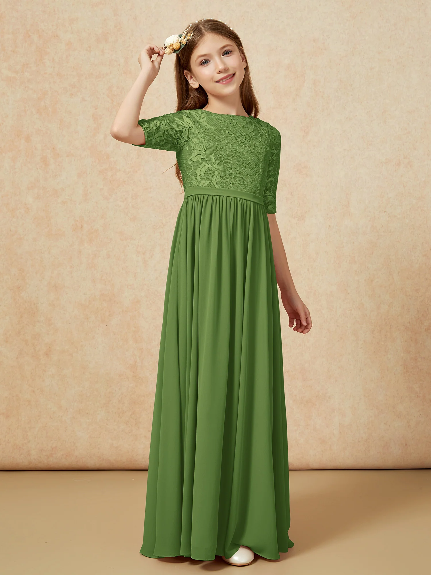 Half Sleeve Lace Top Chiffon Junior Bridesmaid Dresses Moss - Image 3