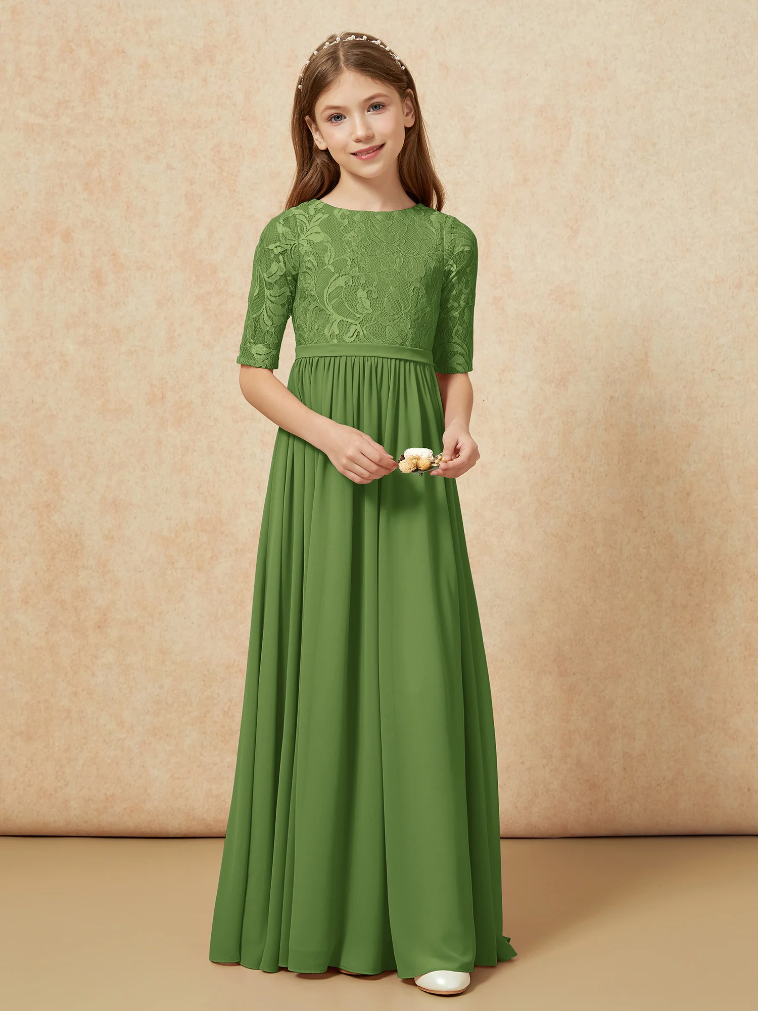 Half Sleeve Lace Top Chiffon Junior Bridesmaid Dresses Moss - Image 4