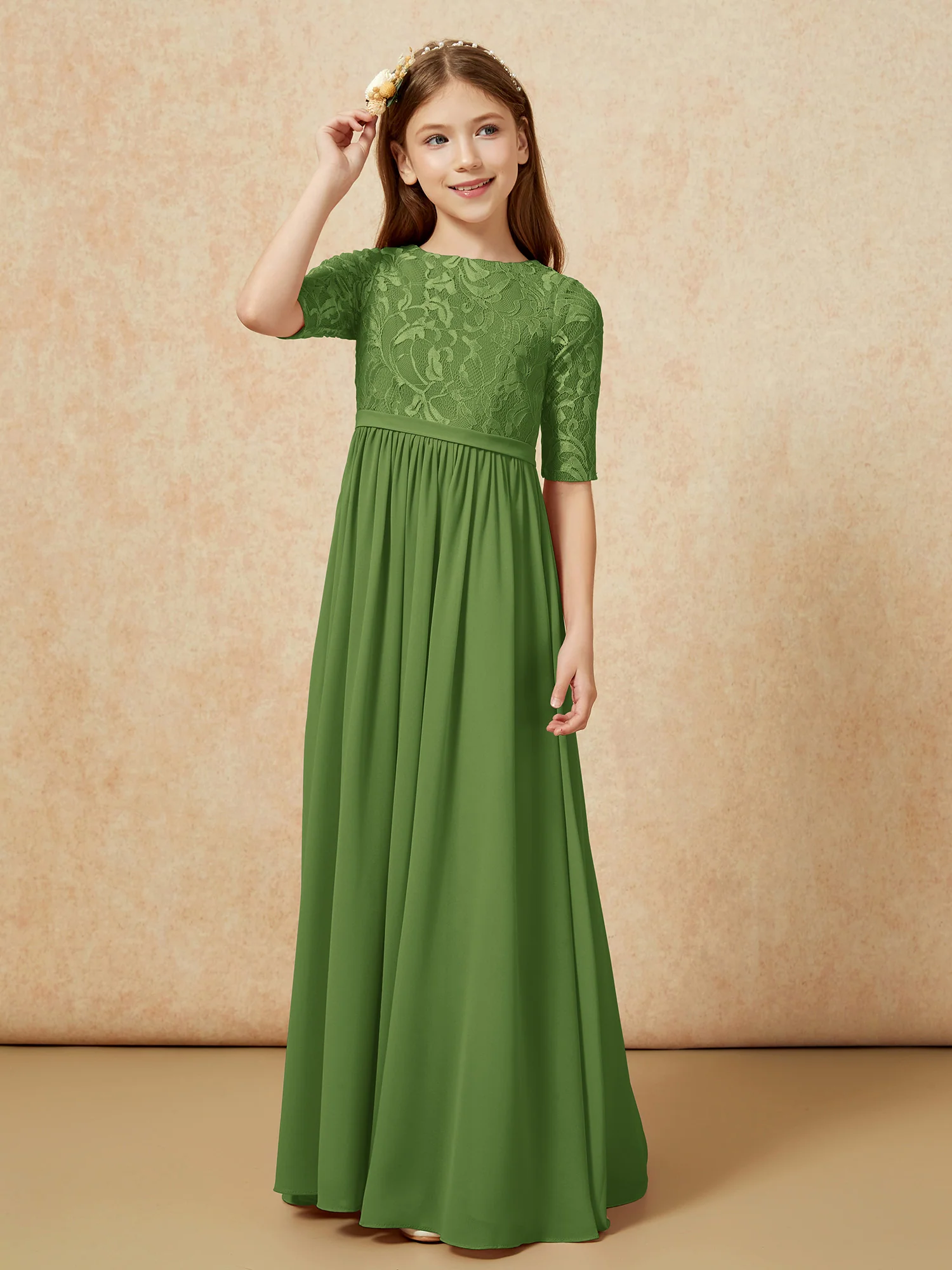 Half Sleeve Lace Top Chiffon Junior Bridesmaid Dresses Moss - Image 5