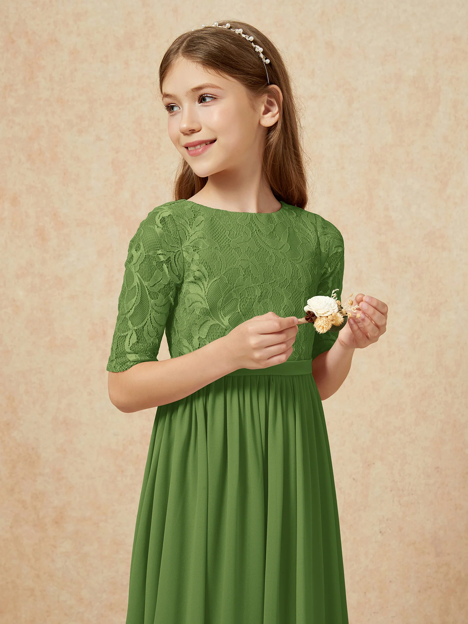 Half Sleeve Lace Top Chiffon Junior Bridesmaid Dresses Moss - Image 6