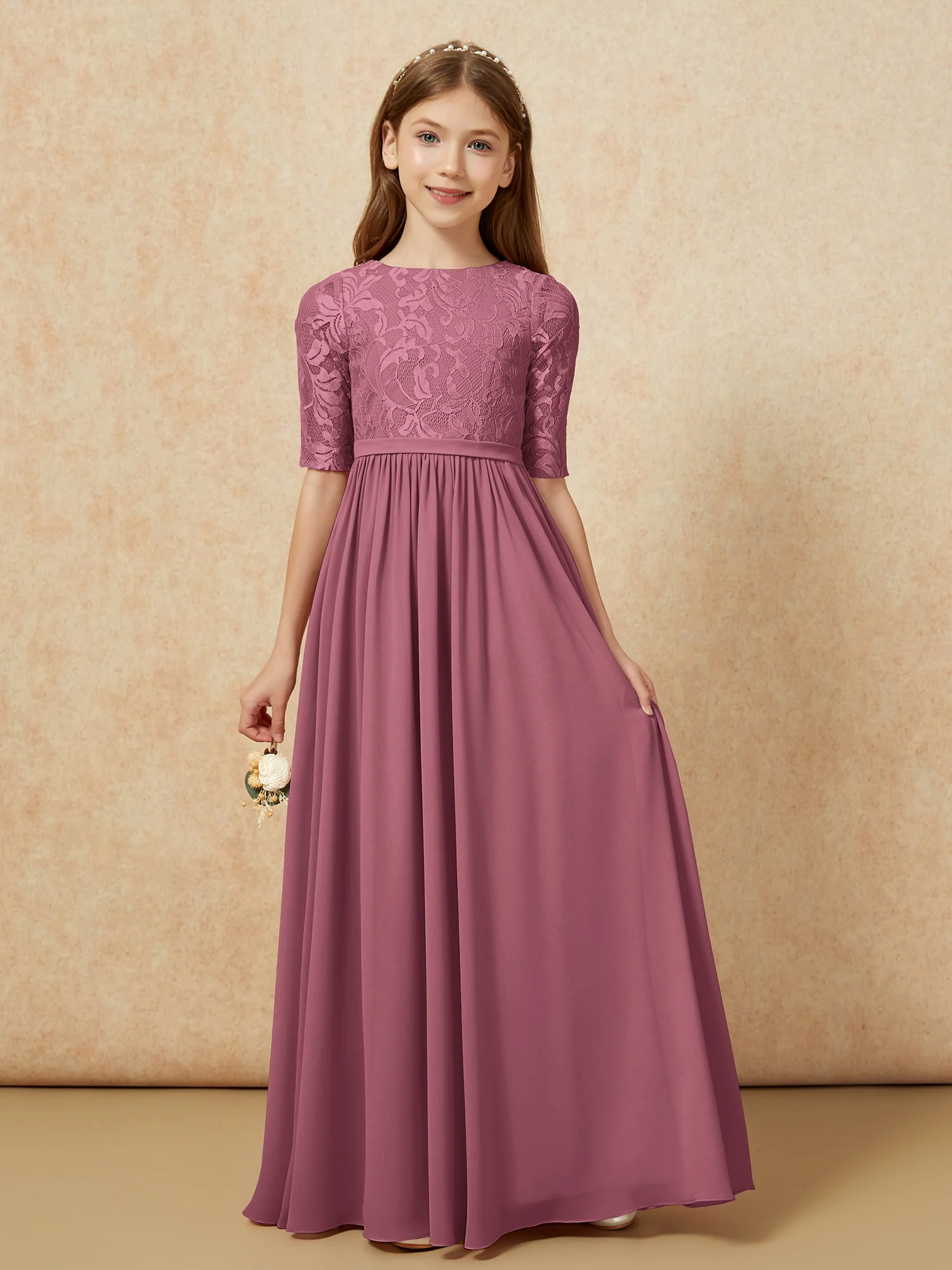 Half Sleeve Lace Top Chiffon Junior Bridesmaid Dresses Mulberry