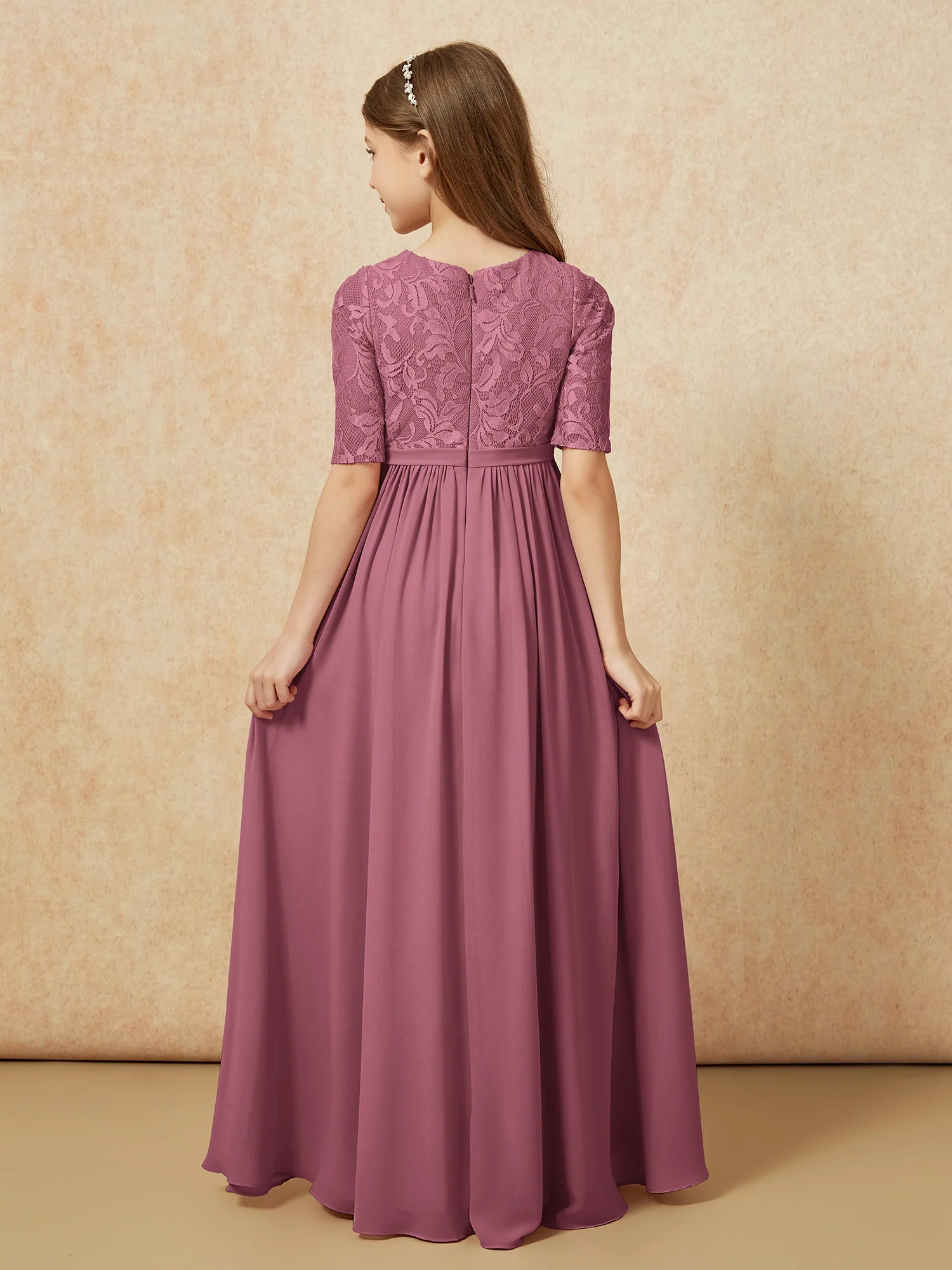 Half Sleeve Lace Top Chiffon Junior Bridesmaid Dresses Mulberry - Image 2