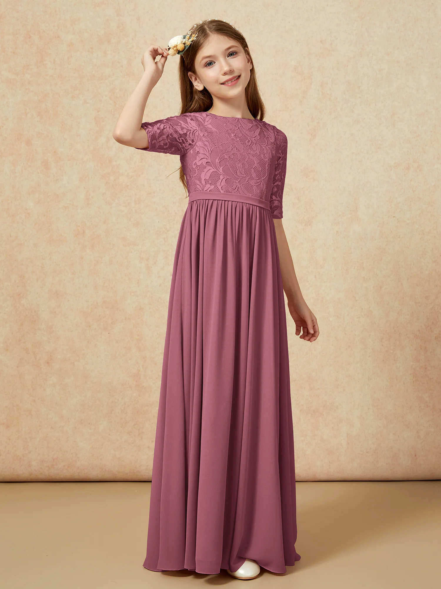 Half Sleeve Lace Top Chiffon Junior Bridesmaid Dresses Mulberry - Image 3