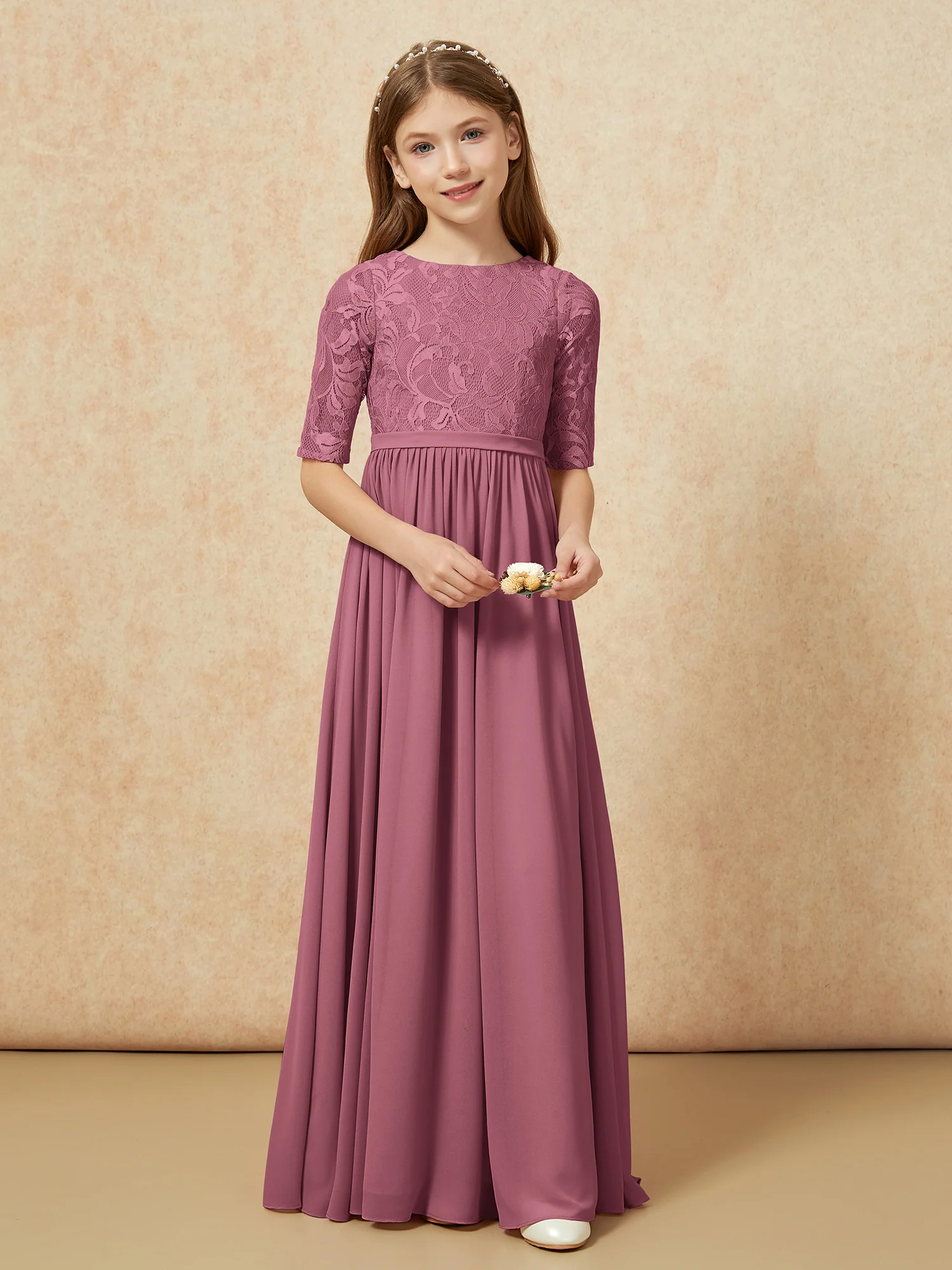 Half Sleeve Lace Top Chiffon Junior Bridesmaid Dresses Mulberry - Image 4