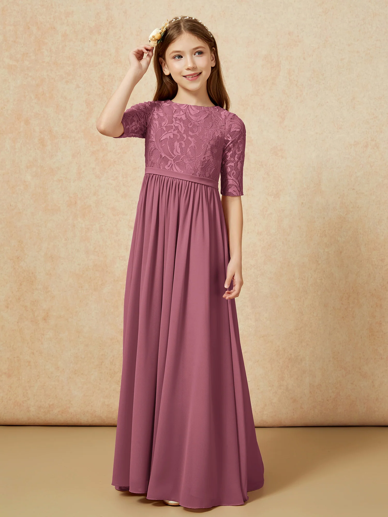Half Sleeve Lace Top Chiffon Junior Bridesmaid Dresses Mulberry - Image 5