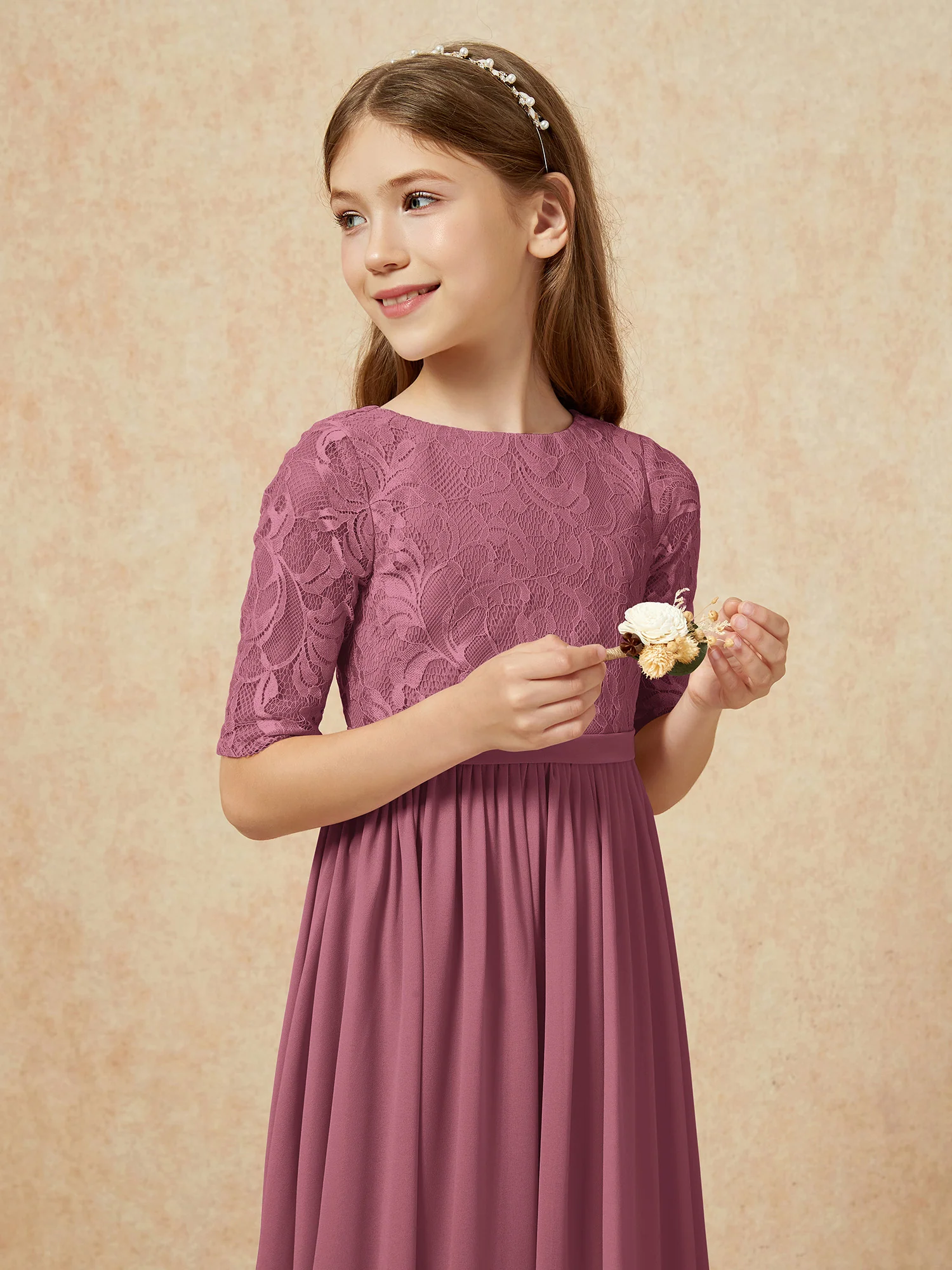 Half Sleeve Lace Top Chiffon Junior Bridesmaid Dresses Mulberry - Image 6