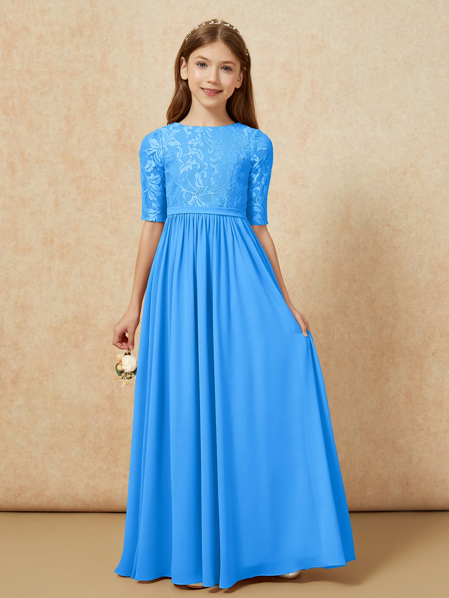 Half Sleeve Lace Top Chiffon Junior Bridesmaid Dresses Ocean Blue