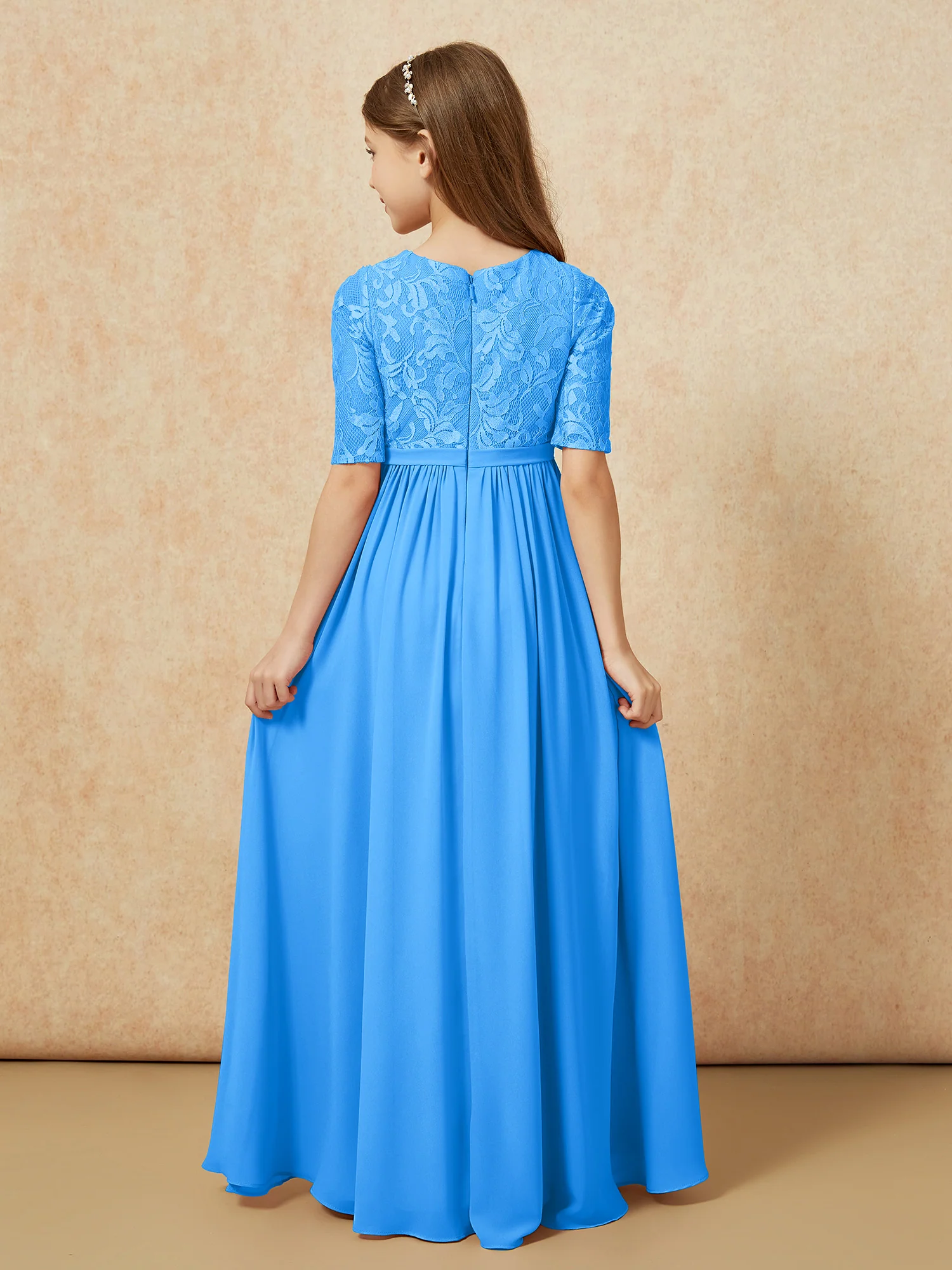 Half Sleeve Lace Top Chiffon Junior Bridesmaid Dresses Ocean Blue - Image 2