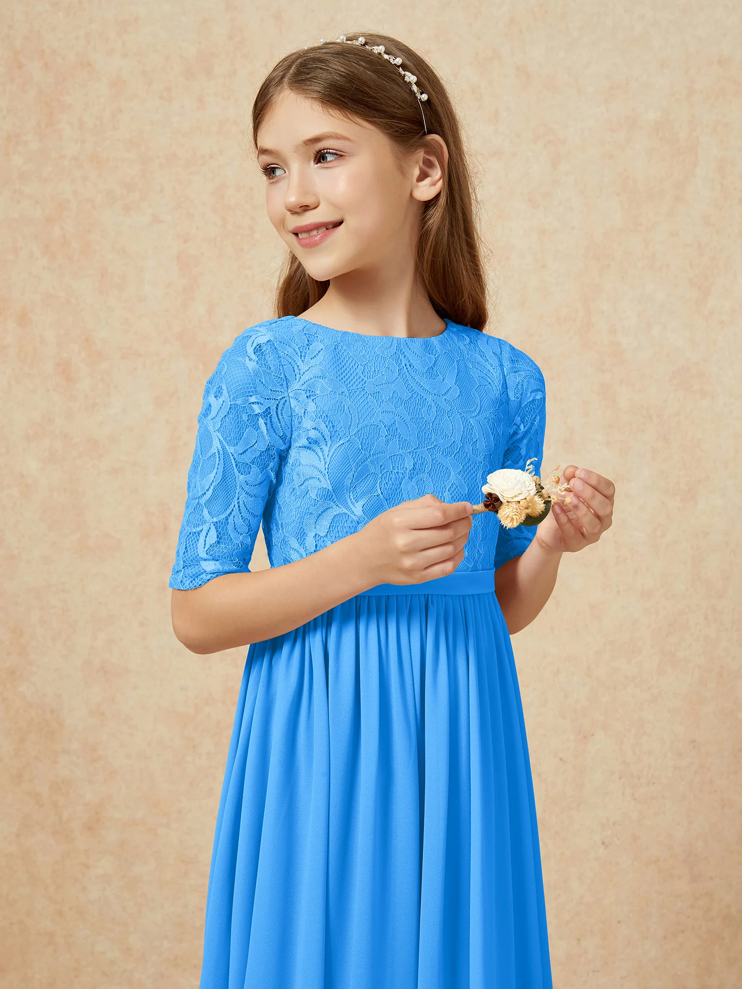 Half Sleeve Lace Top Chiffon Junior Bridesmaid Dresses Ocean Blue - Image 6