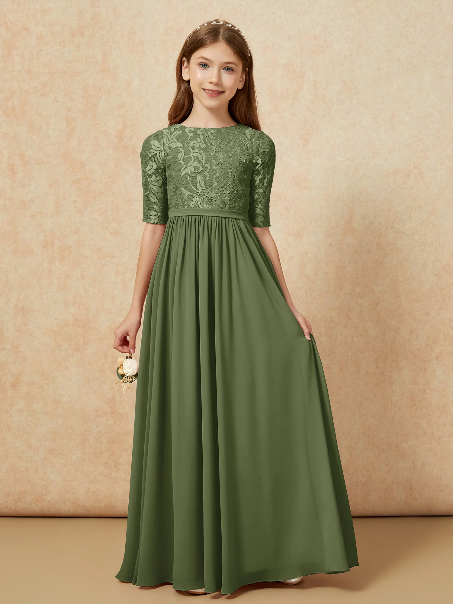 Half Sleeve Lace Top Chiffon Junior Bridesmaid Dresses Olive Green
