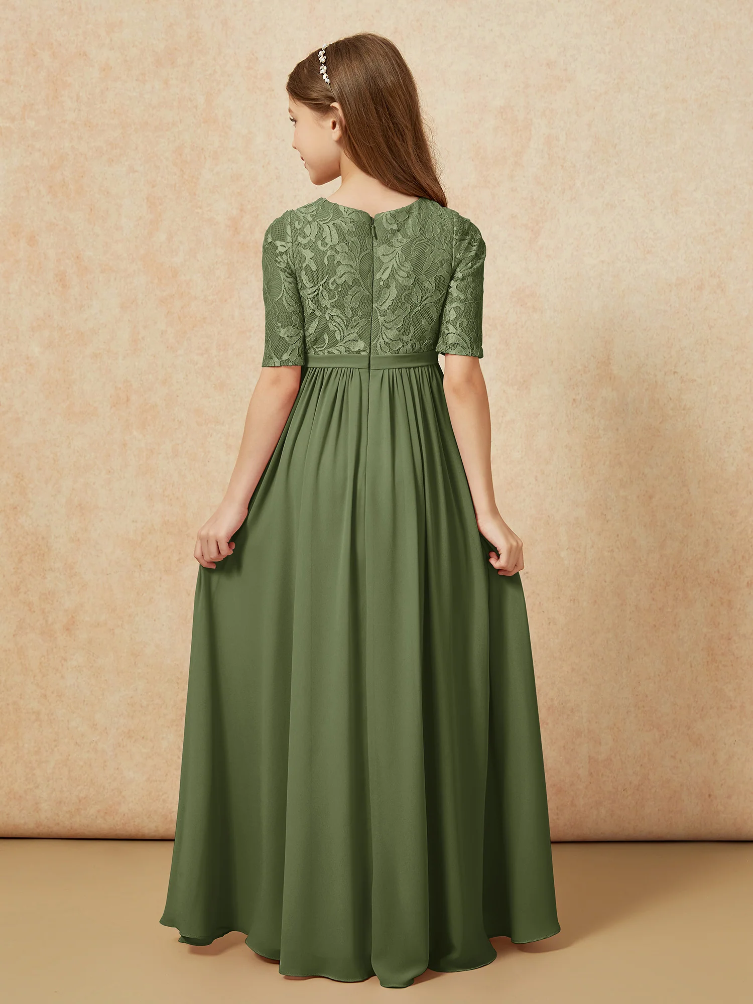 Half Sleeve Lace Top Chiffon Junior Bridesmaid Dresses Olive Green - Image 2