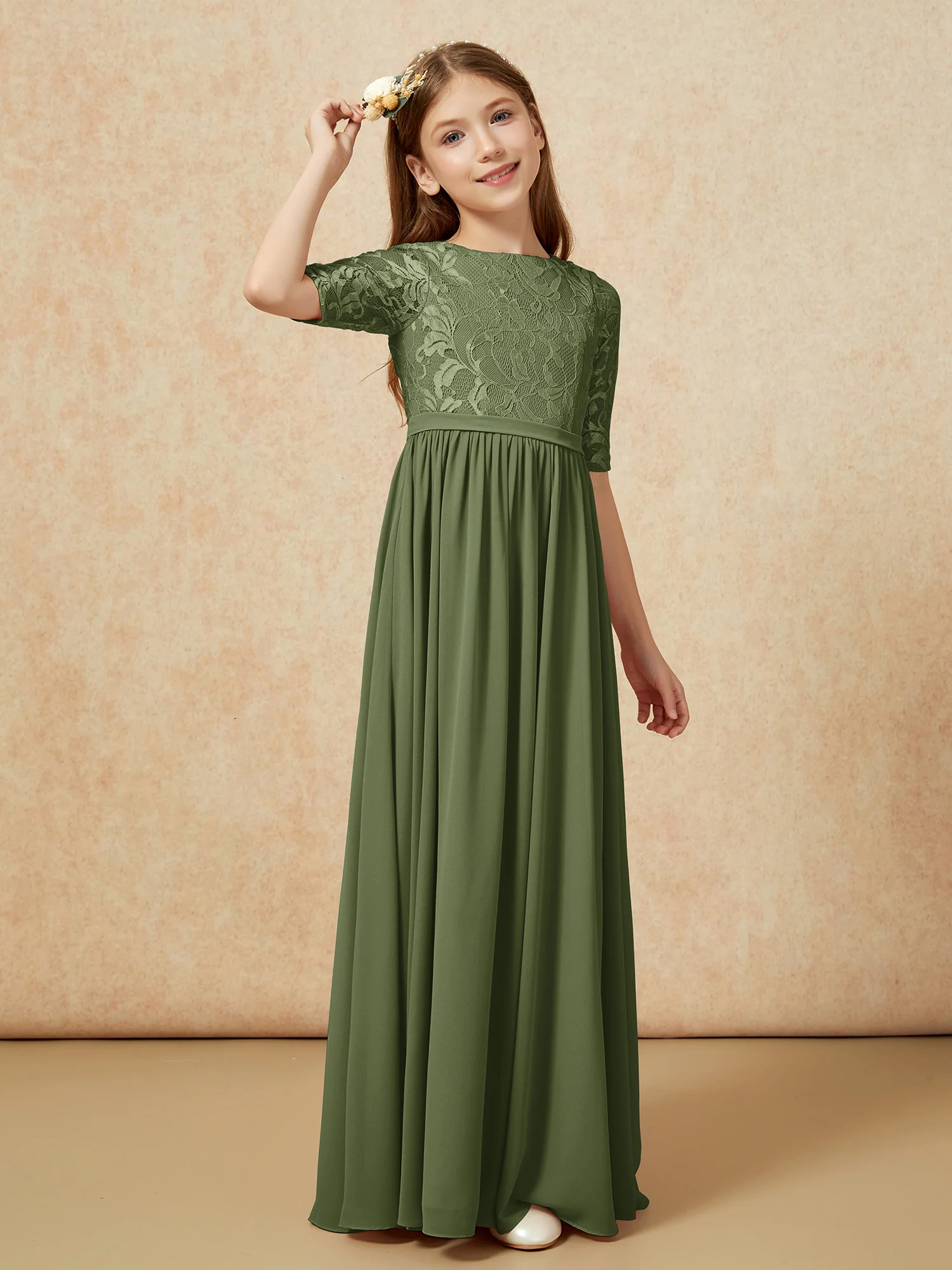 Half Sleeve Lace Top Chiffon Junior Bridesmaid Dresses Olive Green - Image 3