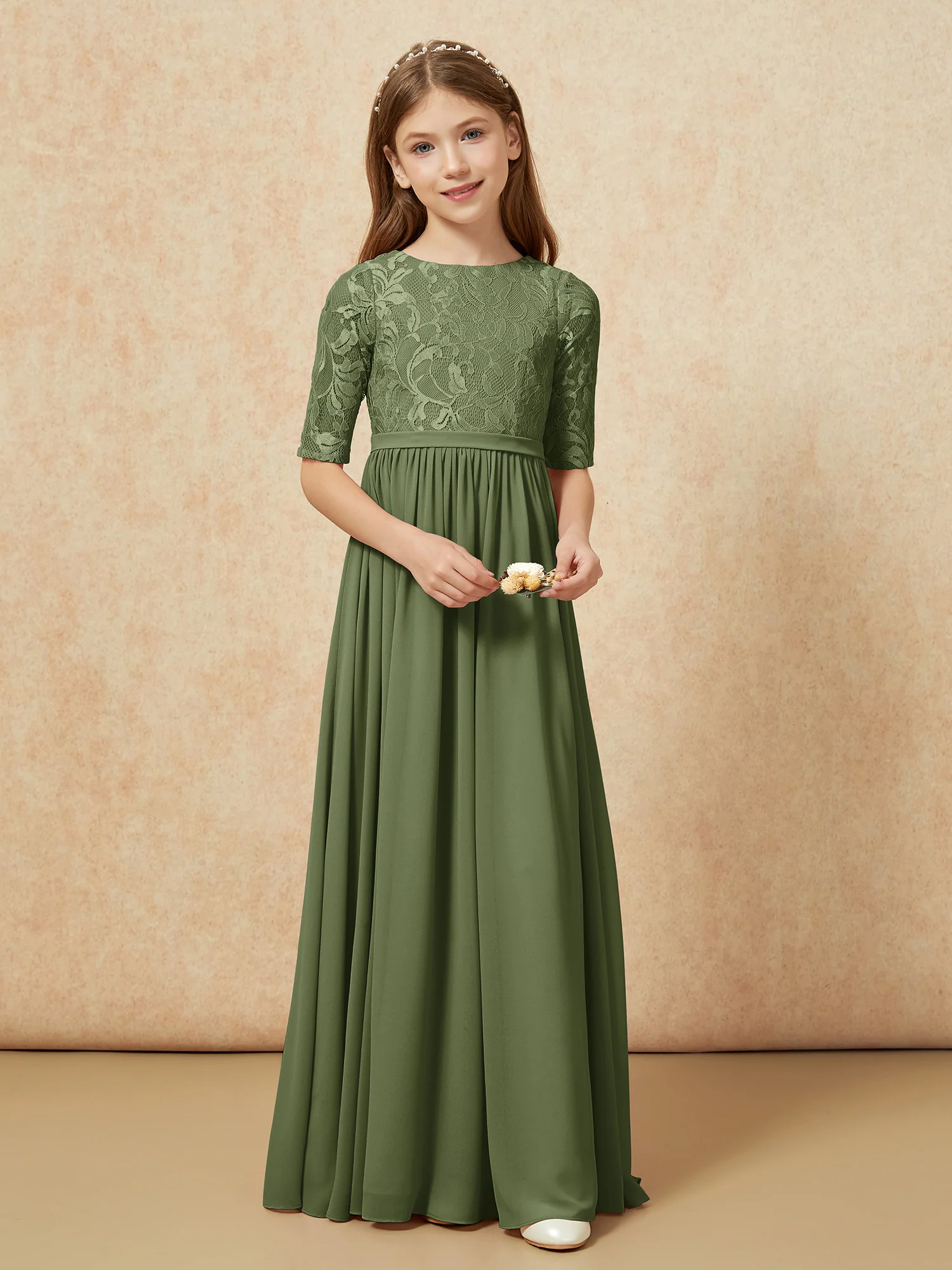Half Sleeve Lace Top Chiffon Junior Bridesmaid Dresses Olive Green - Image 4