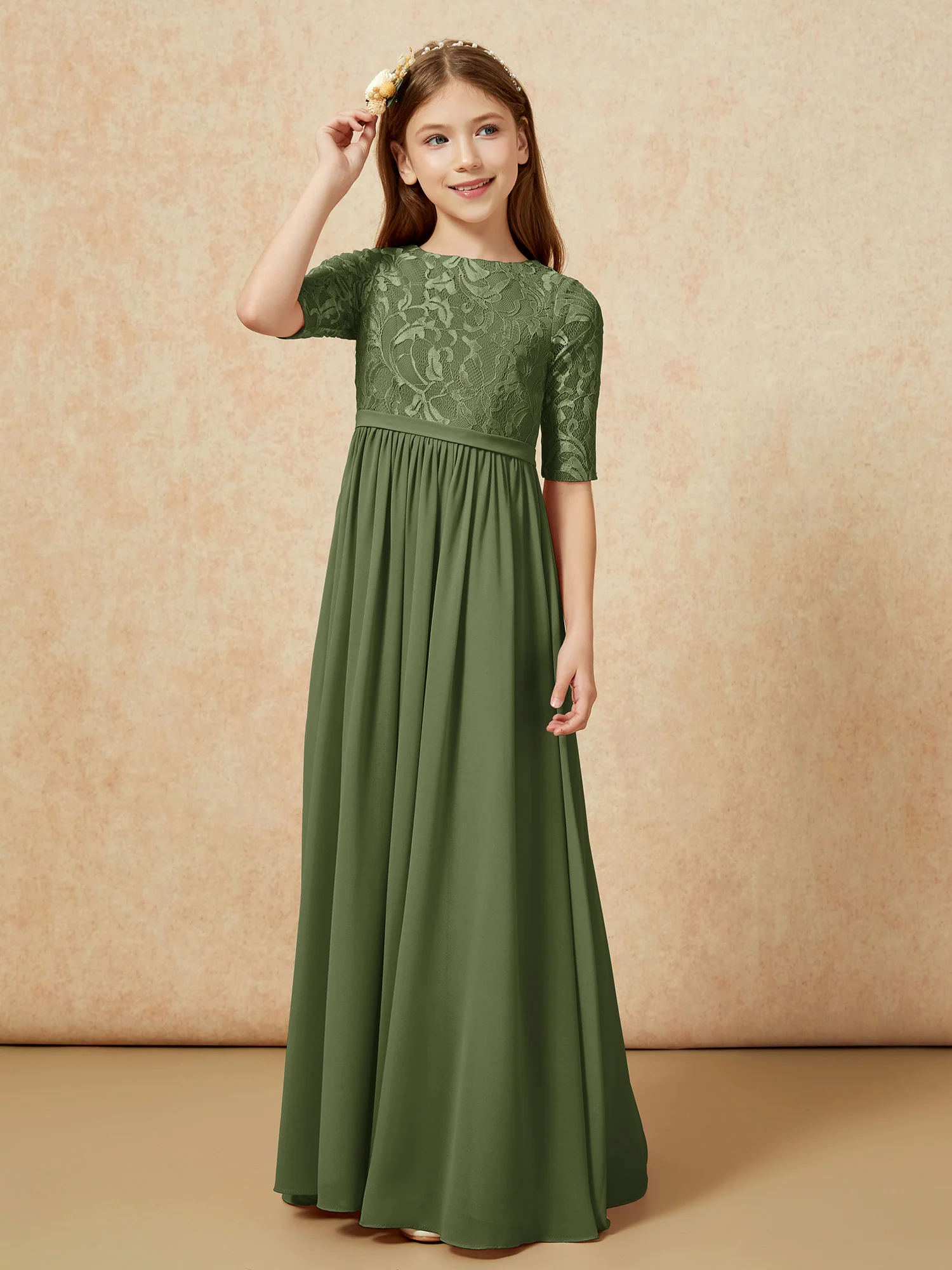 Half Sleeve Lace Top Chiffon Junior Bridesmaid Dresses Olive Green - Image 5