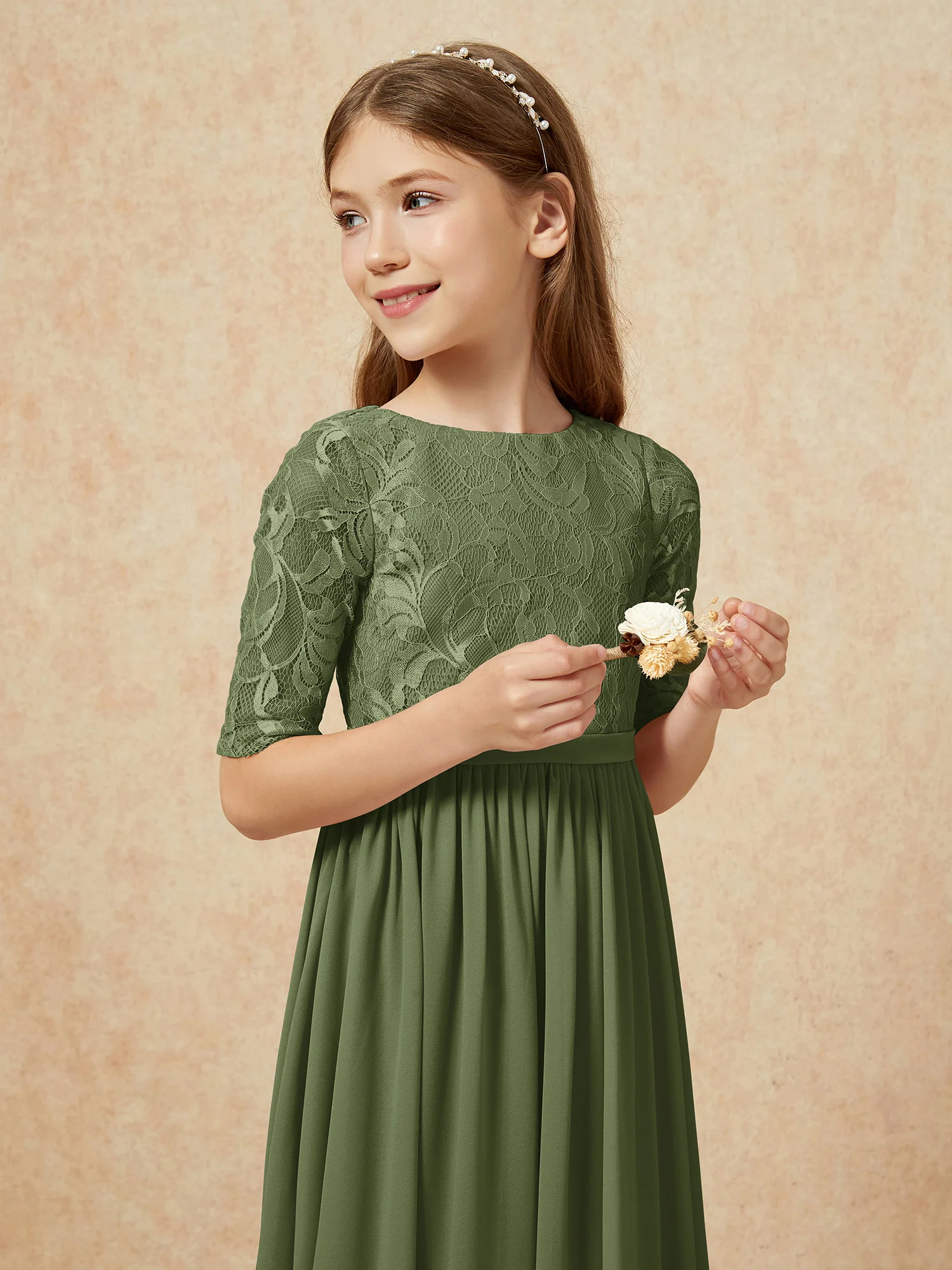 Half Sleeve Lace Top Chiffon Junior Bridesmaid Dresses Olive Green - Image 6