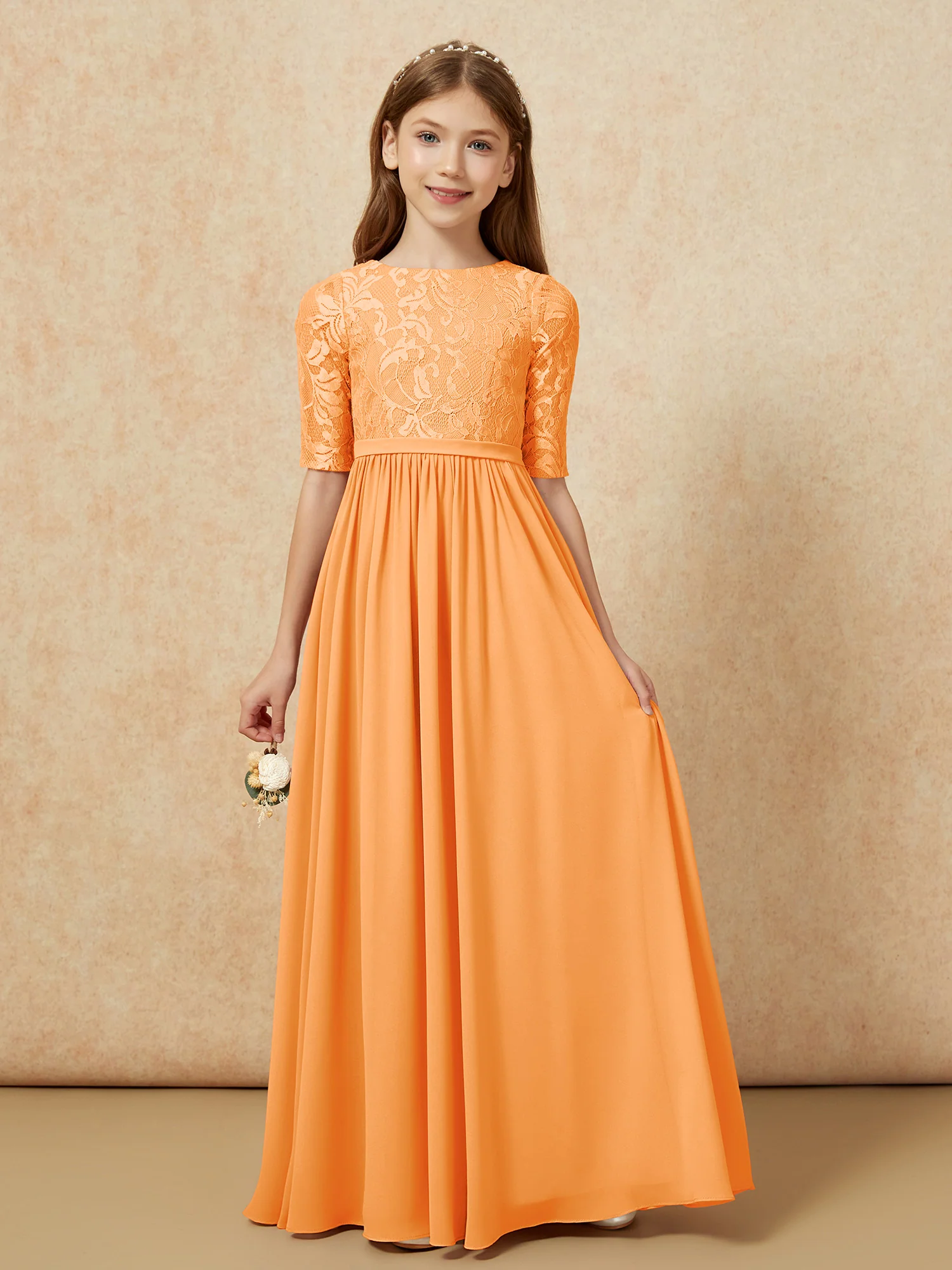 Half Sleeve Lace Top Chiffon Junior Bridesmaid Dresses Orange