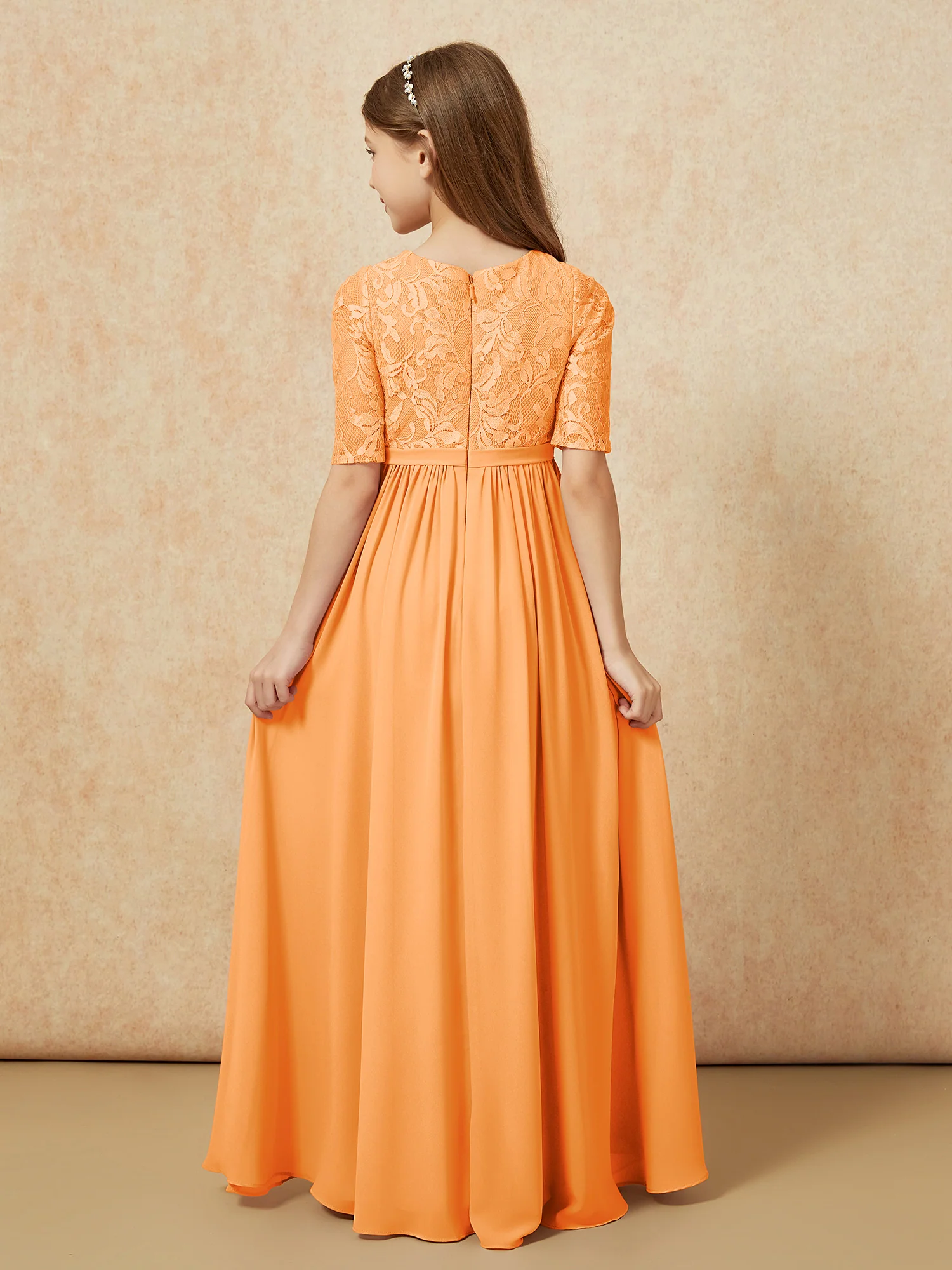 Half Sleeve Lace Top Chiffon Junior Bridesmaid Dresses Orange - Image 2