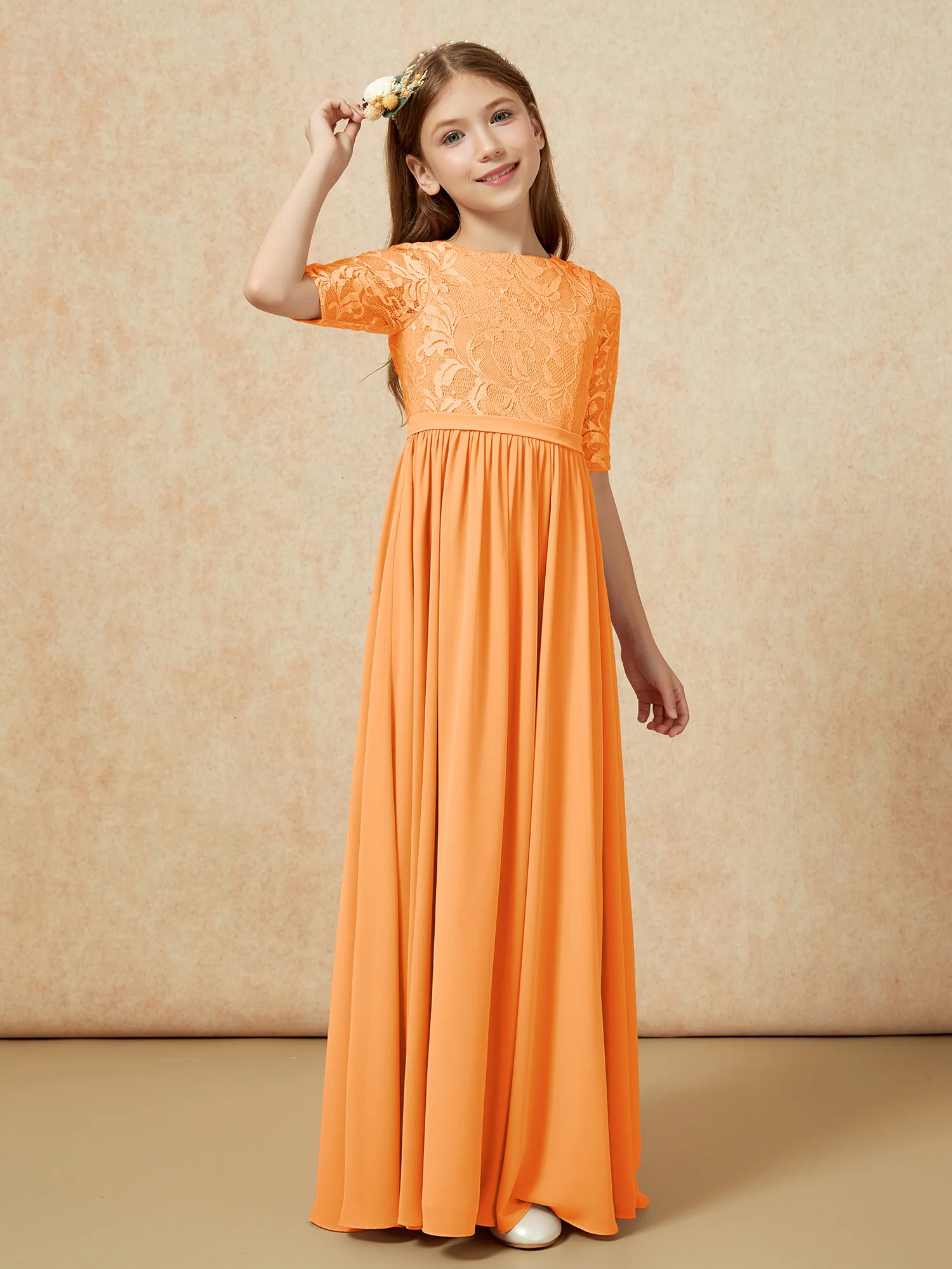 Half Sleeve Lace Top Chiffon Junior Bridesmaid Dresses Orange - Image 3