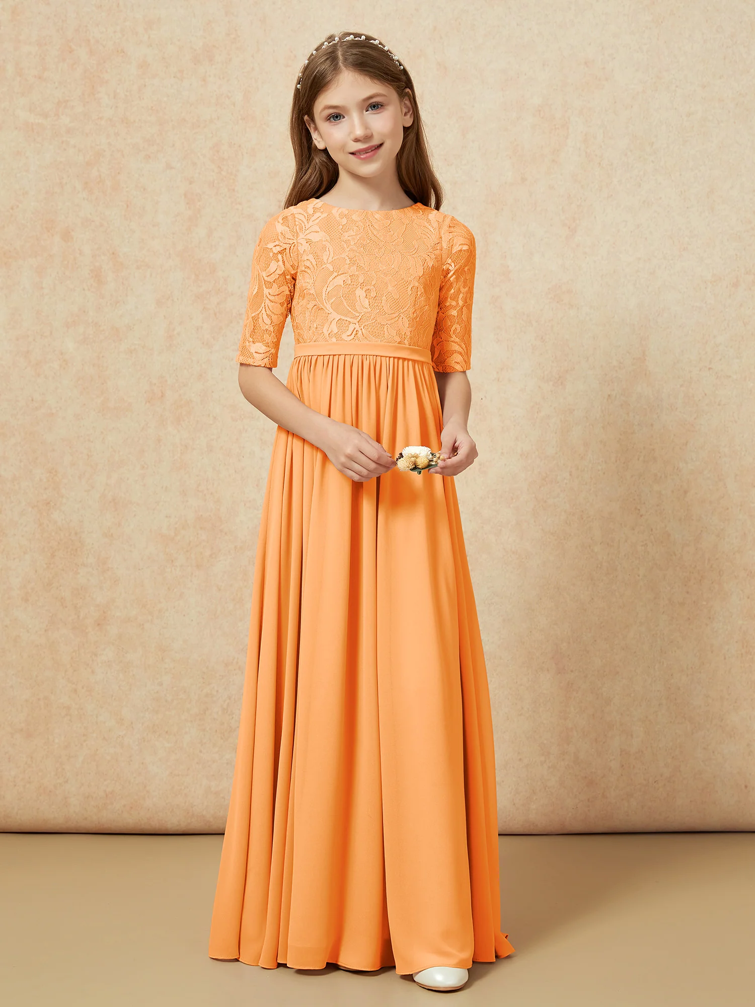 Half Sleeve Lace Top Chiffon Junior Bridesmaid Dresses Orange - Image 4