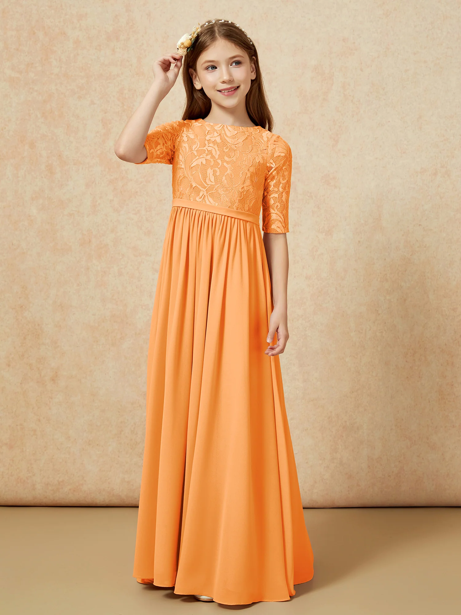 Half Sleeve Lace Top Chiffon Junior Bridesmaid Dresses Orange - Image 5