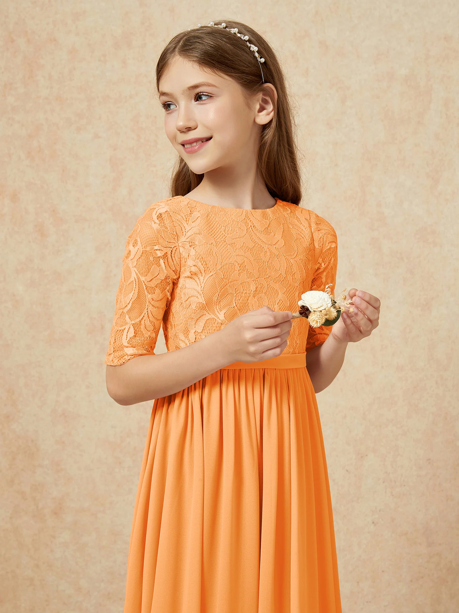 Half Sleeve Lace Top Chiffon Junior Bridesmaid Dresses Orange - Image 6