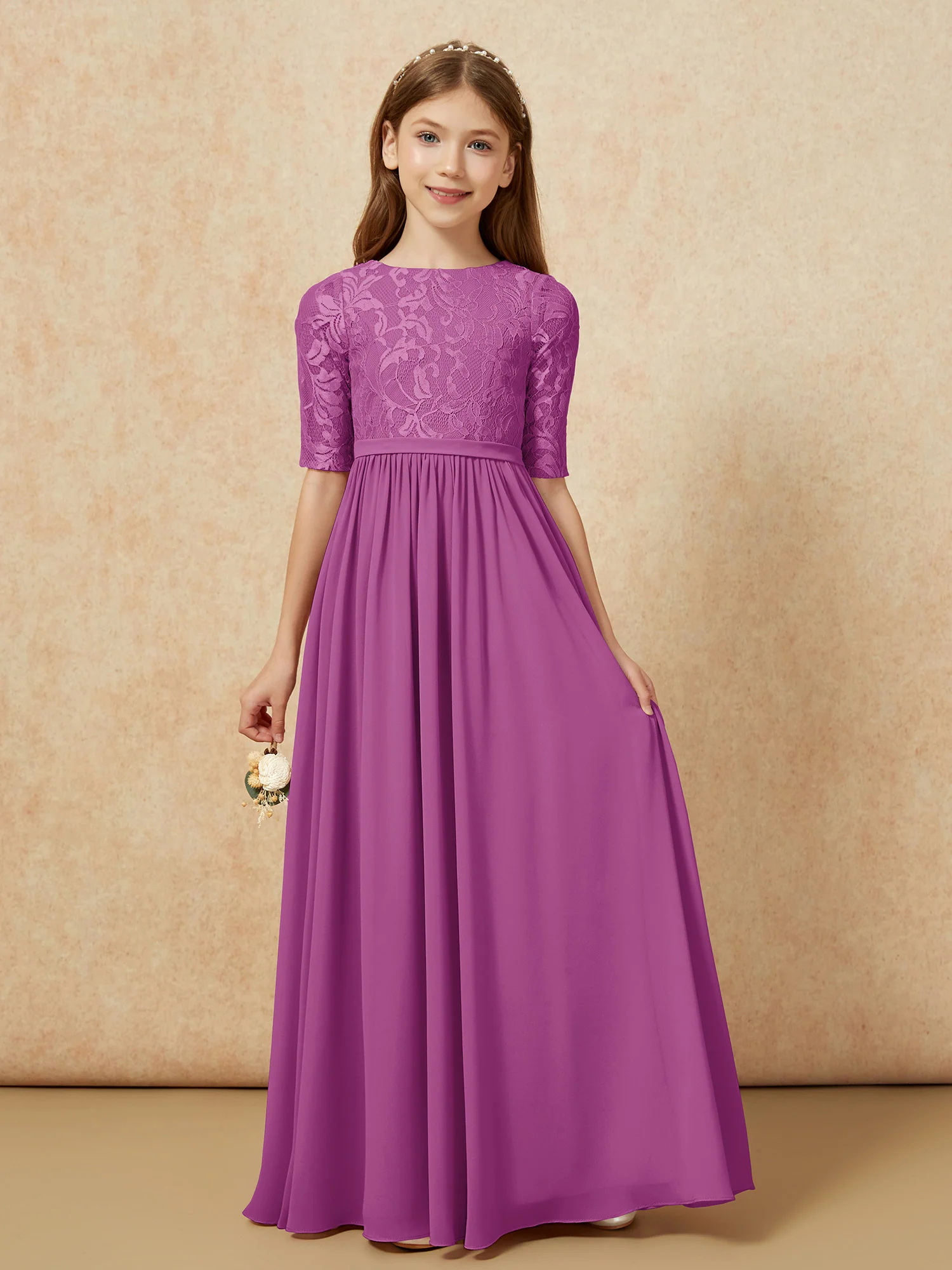 Half Sleeve Lace Top Chiffon Junior Bridesmaid Dresses Orchid