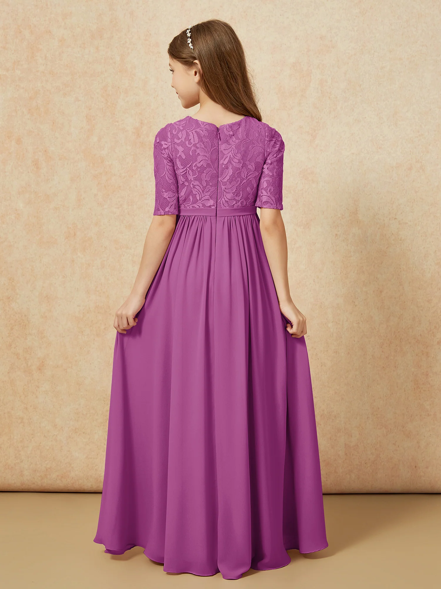 Half Sleeve Lace Top Chiffon Junior Bridesmaid Dresses Orchid - Image 2