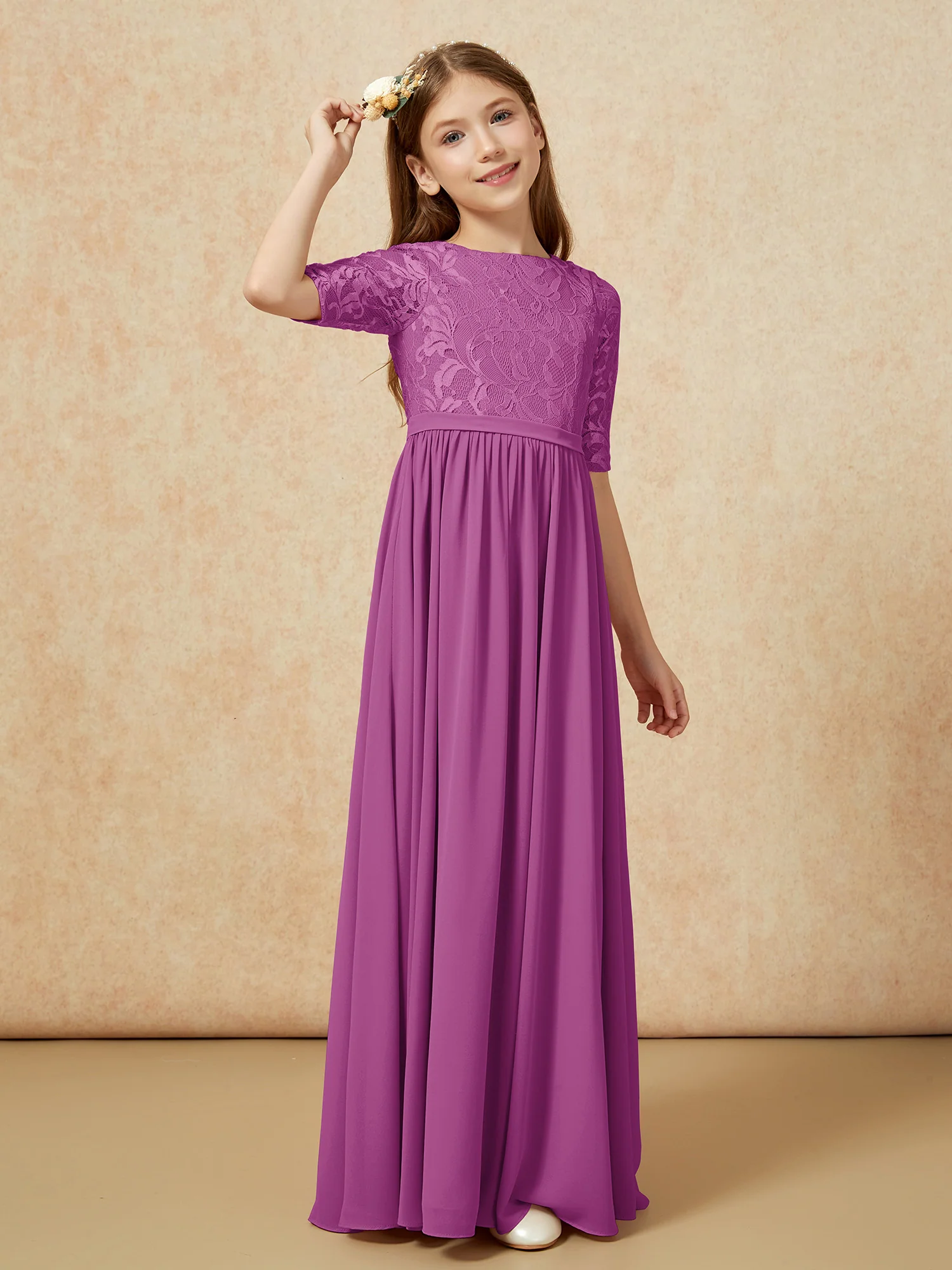 Half Sleeve Lace Top Chiffon Junior Bridesmaid Dresses Orchid - Image 3