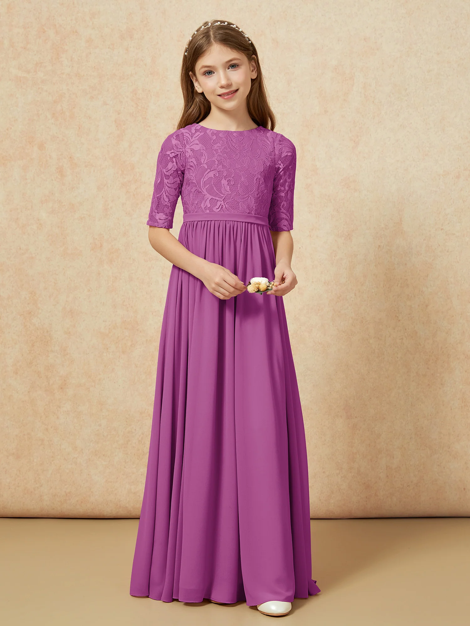 Half Sleeve Lace Top Chiffon Junior Bridesmaid Dresses Orchid - Image 4