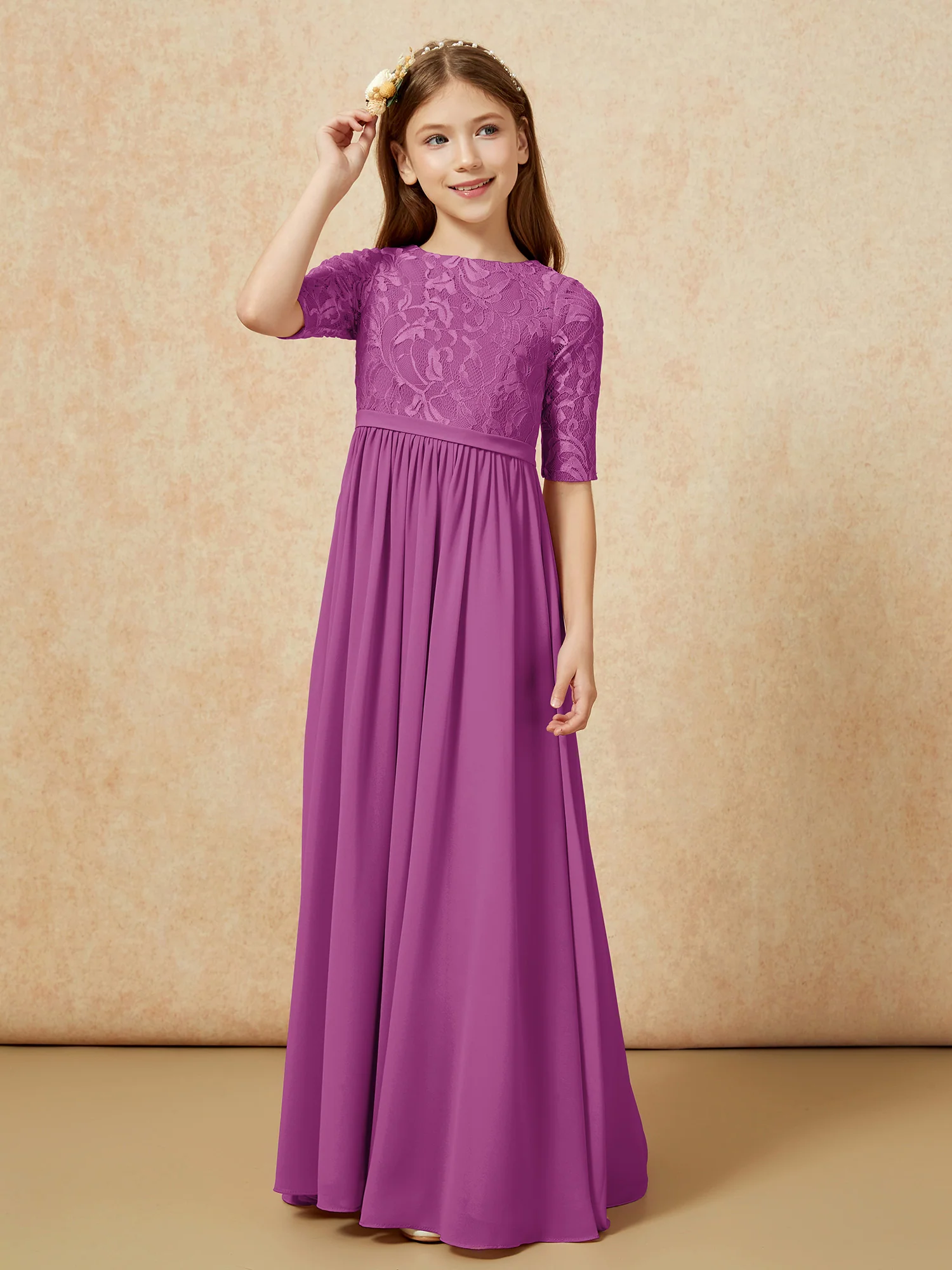 Half Sleeve Lace Top Chiffon Junior Bridesmaid Dresses Orchid - Image 5