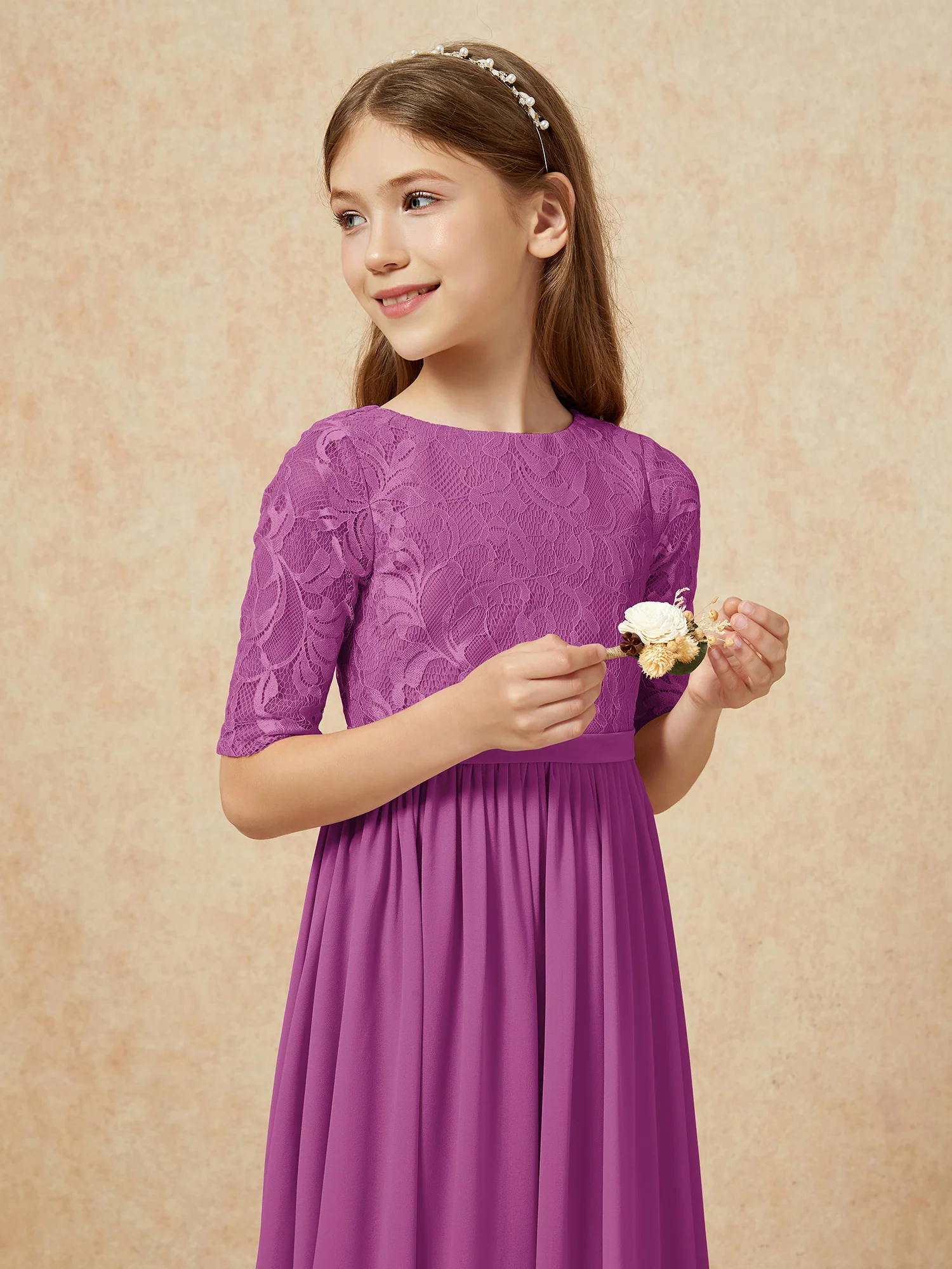 Half Sleeve Lace Top Chiffon Junior Bridesmaid Dresses Orchid - Image 6