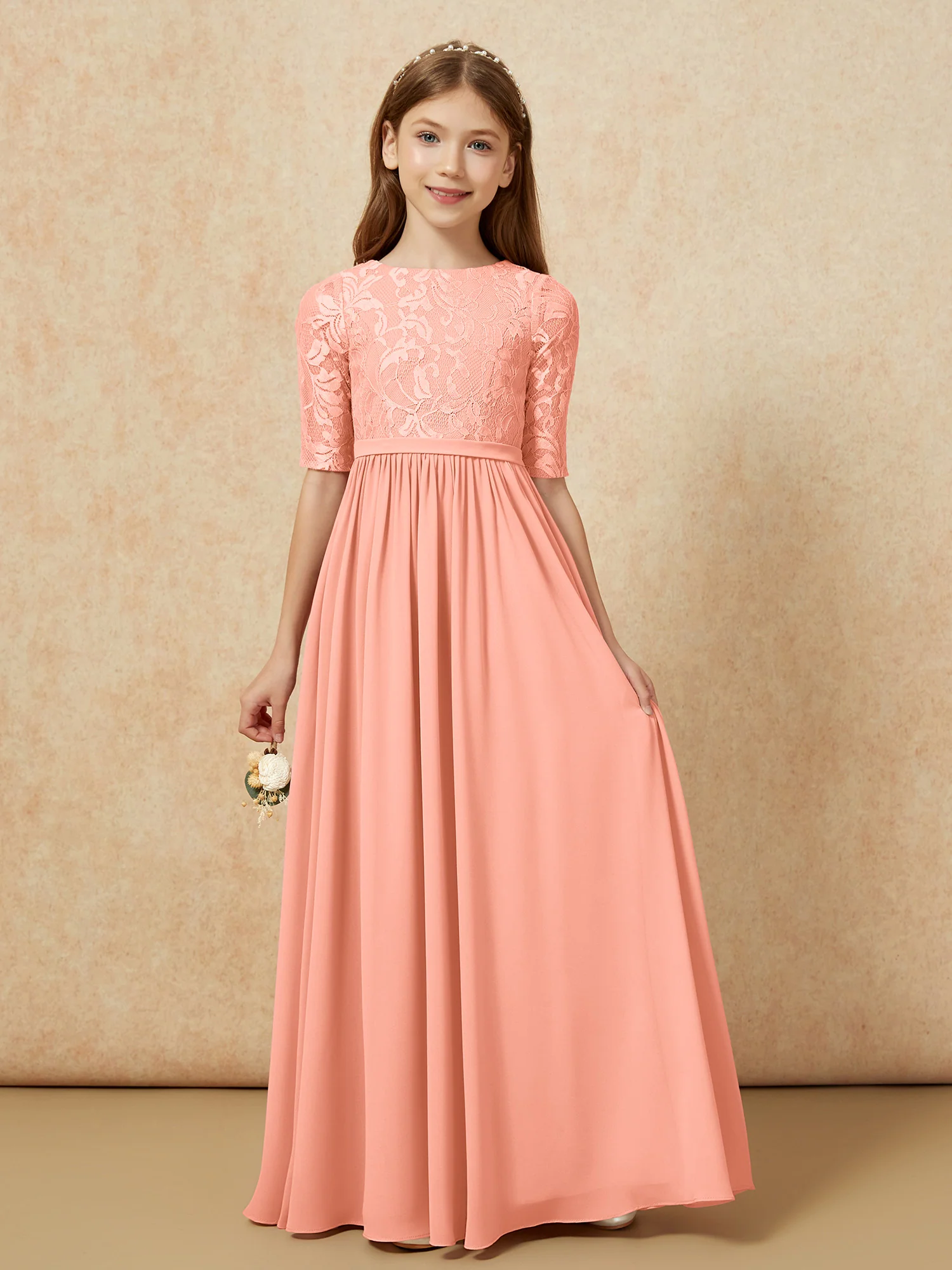 Half Sleeve Lace Top Chiffon Junior Bridesmaid Dresses Papaya