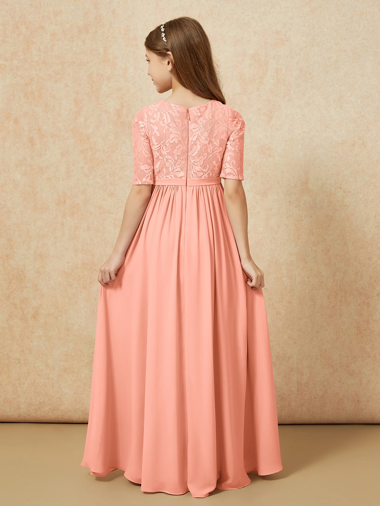 Half Sleeve Lace Top Chiffon Junior Bridesmaid Dresses Papaya - Image 2